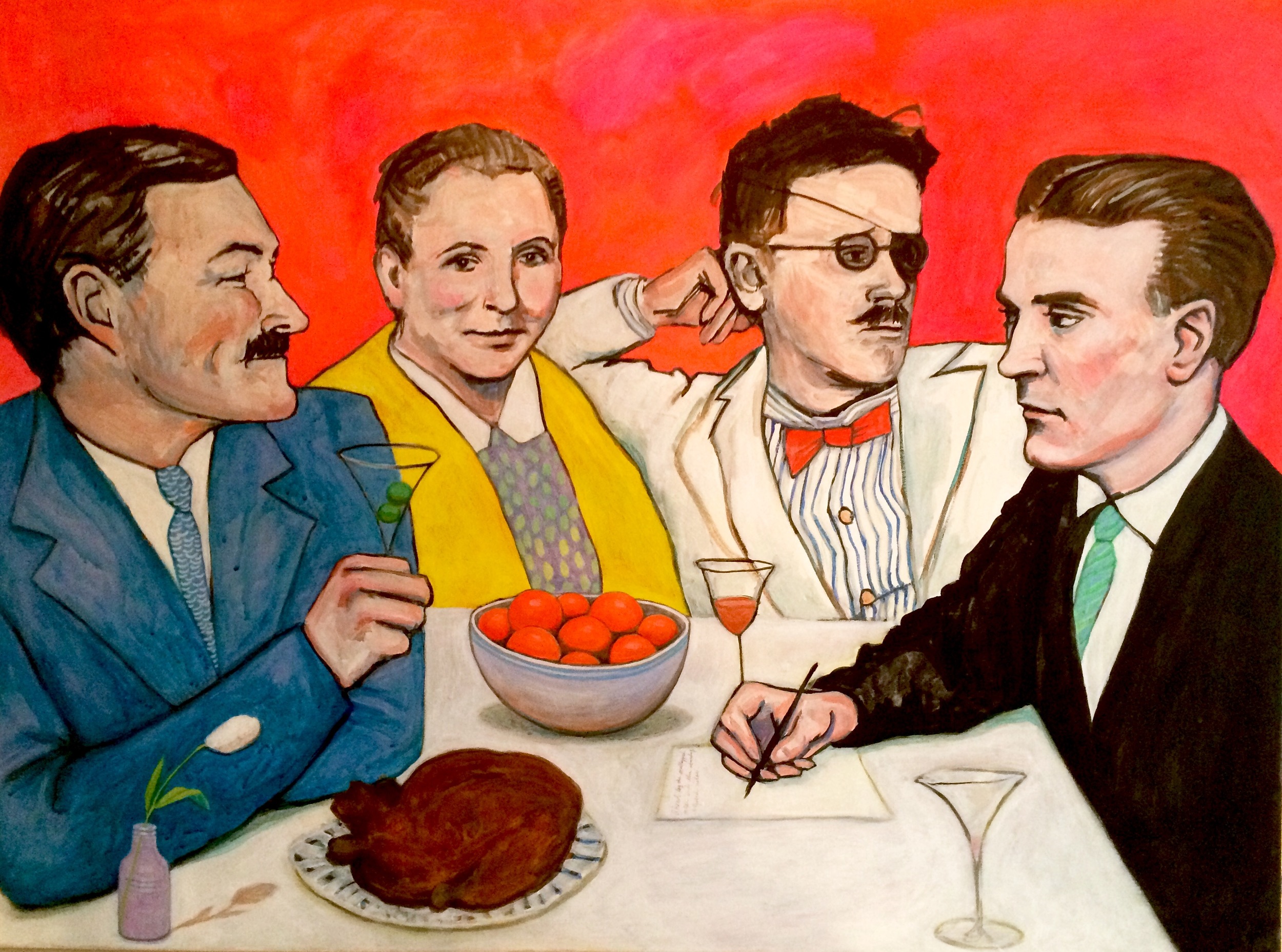   Spartans’ Feast: Ernest Hemingway, Gertrude Stein, James Joyce and F. Scott Fitzgerald   acrylic, gouache, and watercolor on canvas, 30 x 40 inches, 2016   (sold)  