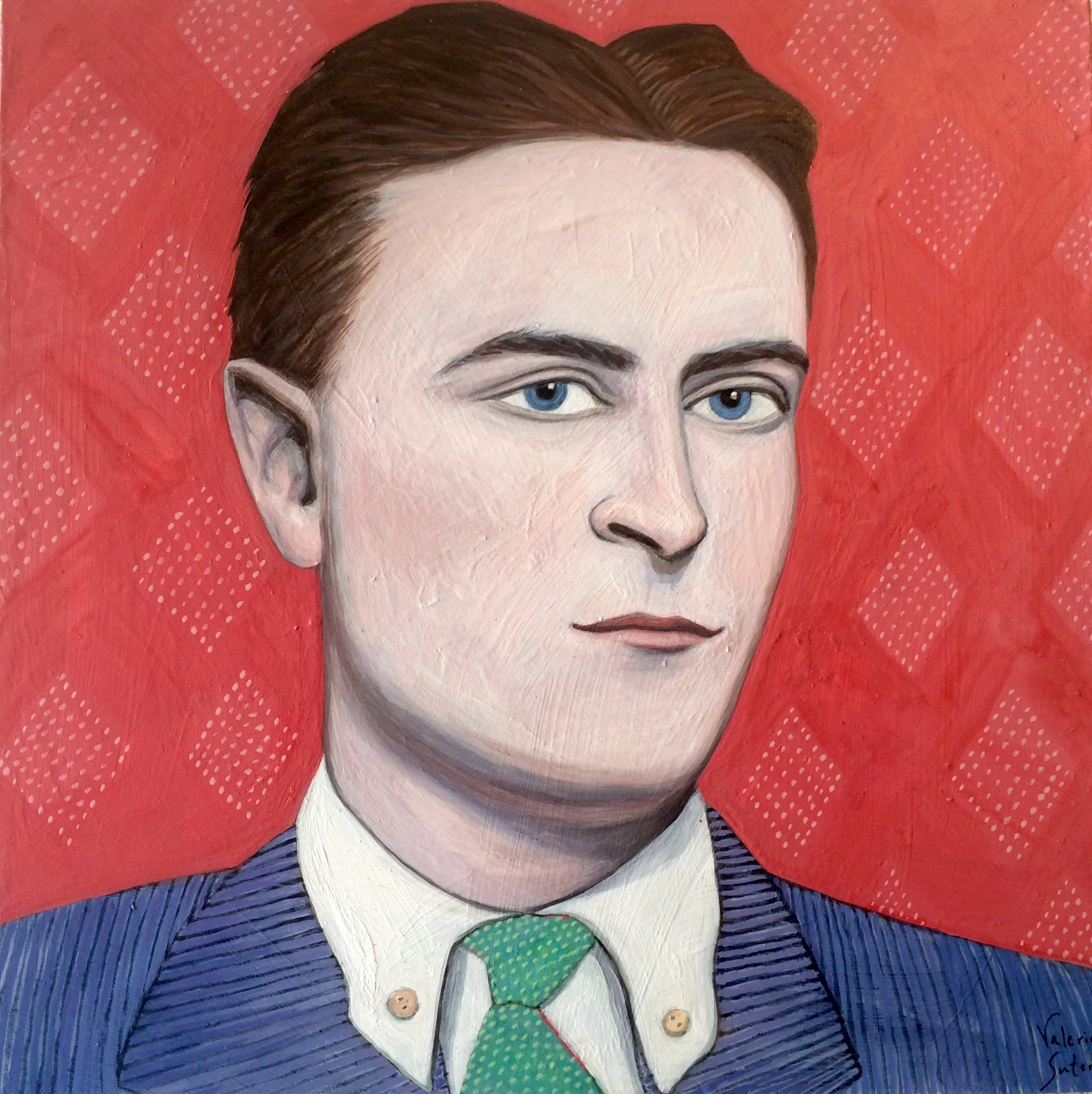 (sold) F. SCOTT FITZGERALD acrylic, watercolor, gouache on board, 8 x 8", 2016