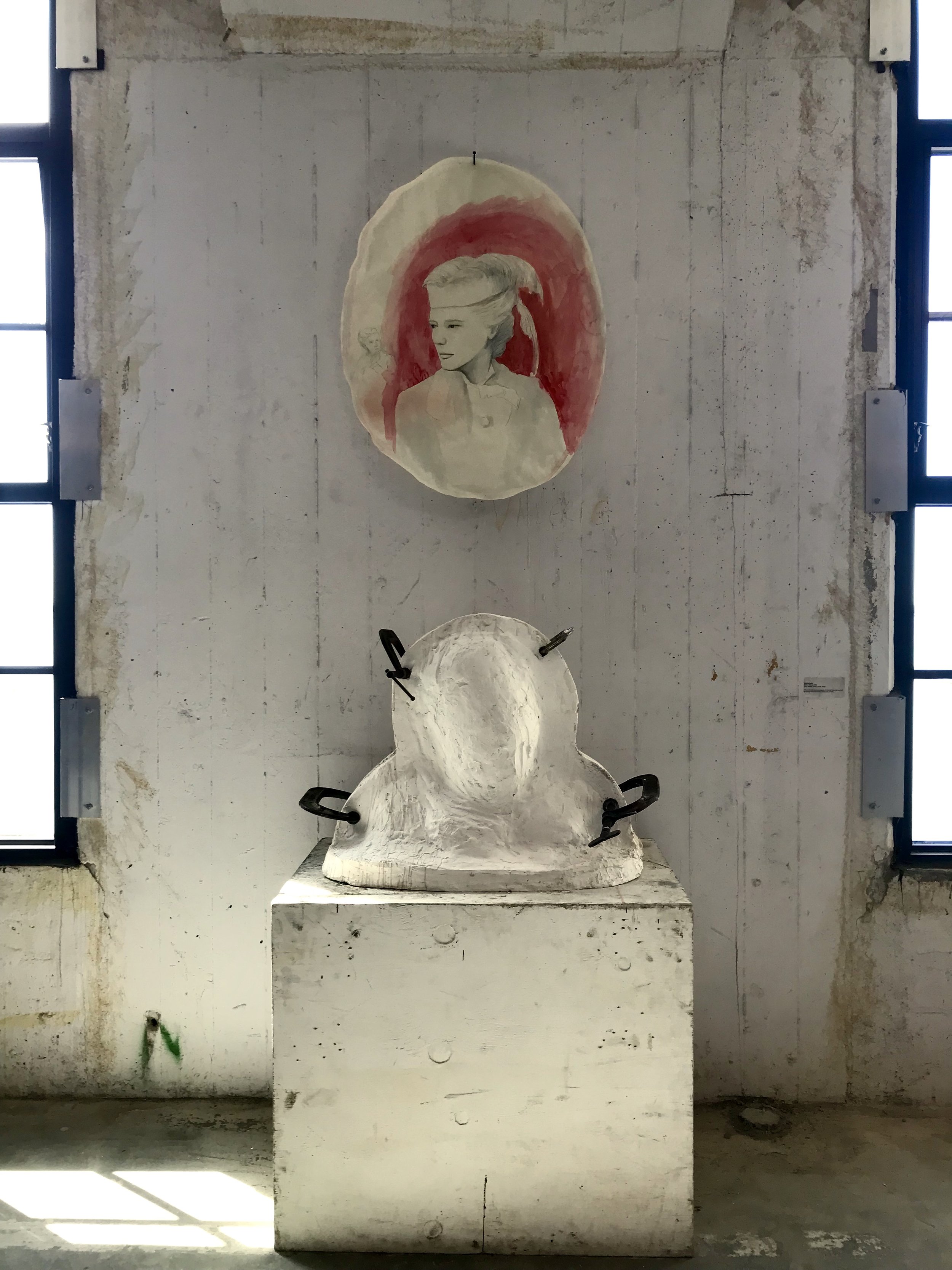   Mother Mold (Victoria Woodhull)    plaster, burlap, paper, metal clamps, watercolor,  2019  [Detail of installation included in “Kara Walker presents: The Colossus of Rutgers”, Brooklyn Army Terminal, 2019] 