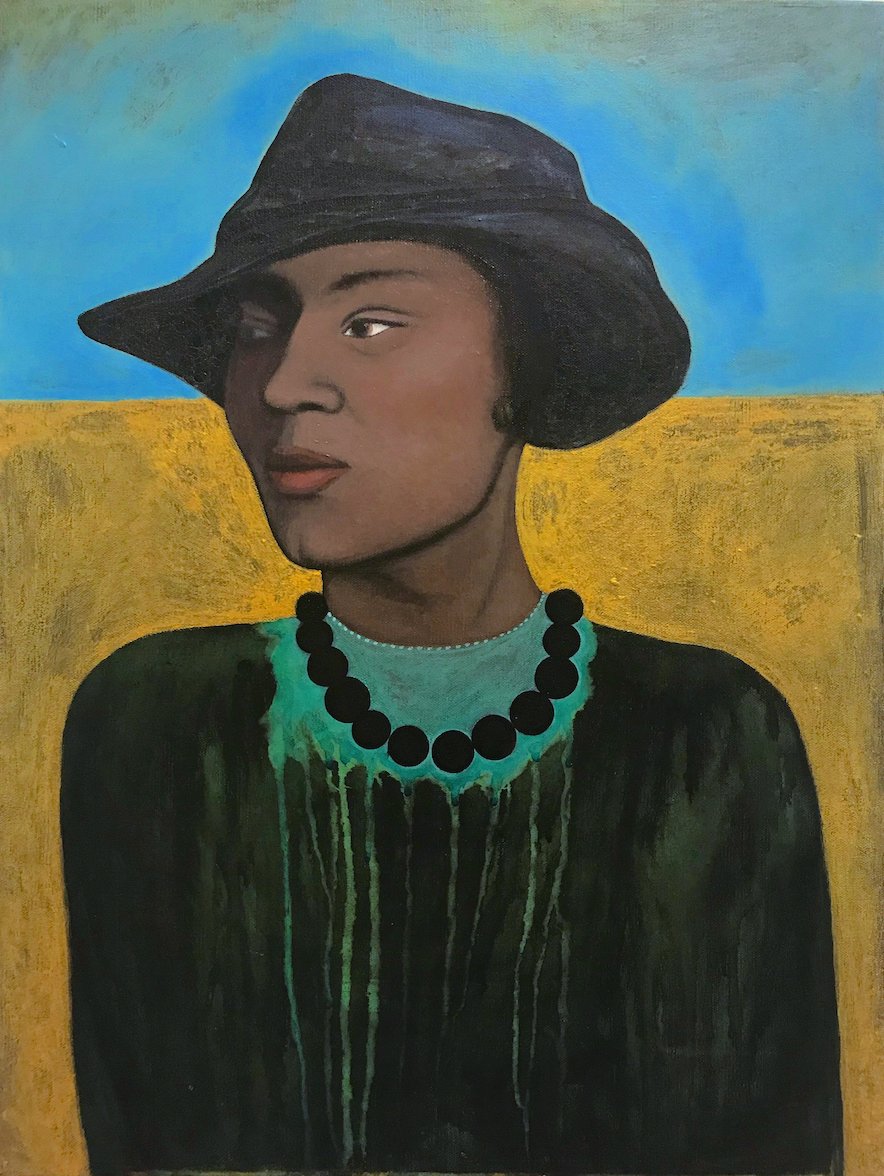   “The Dream is the Truth” Zora Neale Hurston   oil, acrylic, watercolor on canvas, 24 x 18 inches, 2018  (In the collection of Barnard College, Columbia University) 