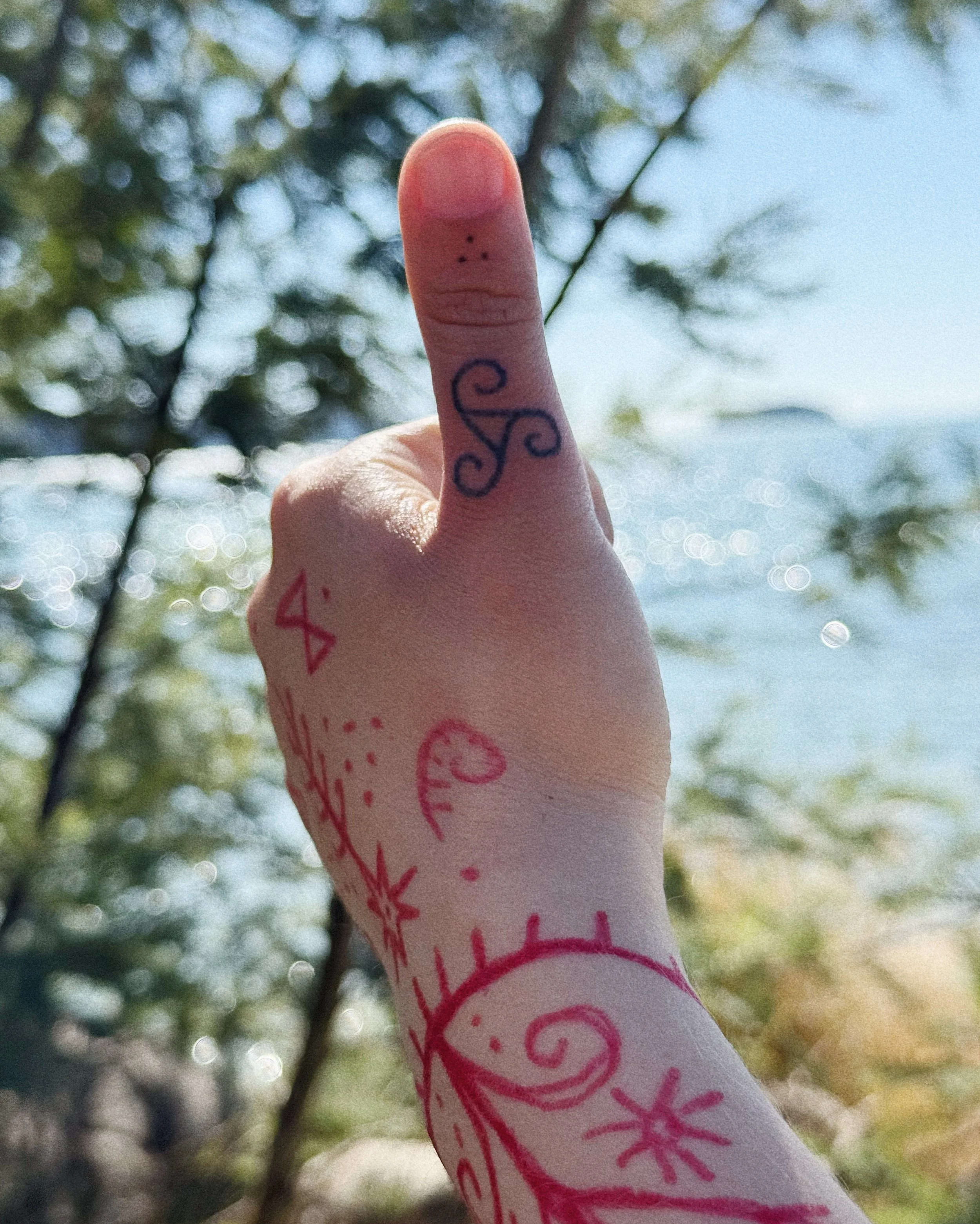       
  
    lil handpoke triskelion for my beloved Heather, done in Mārahau right as she was about to begin her long journey home to Alaska from Aotearoa (other markings were us just fucking around and then I drew this lil guy and Heather said, we 