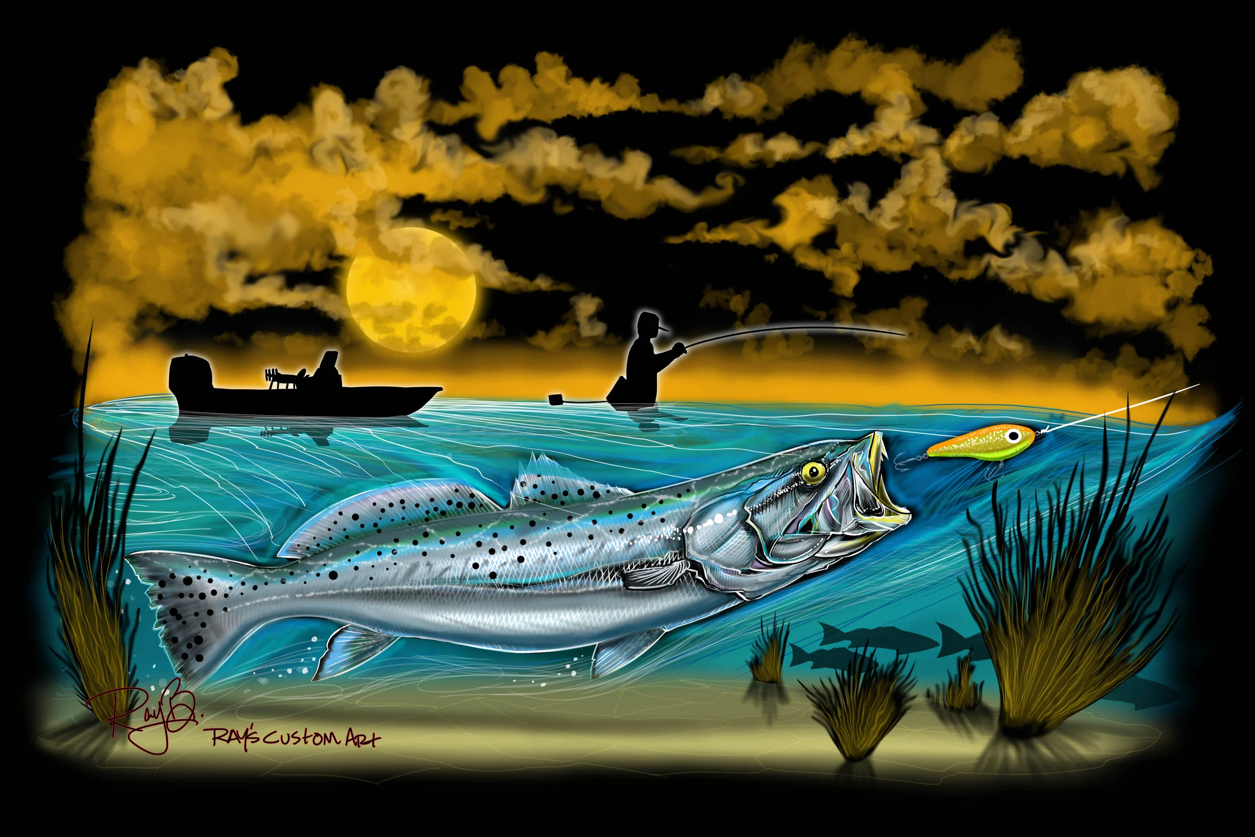 Trout wade fisherman aluminum wall art