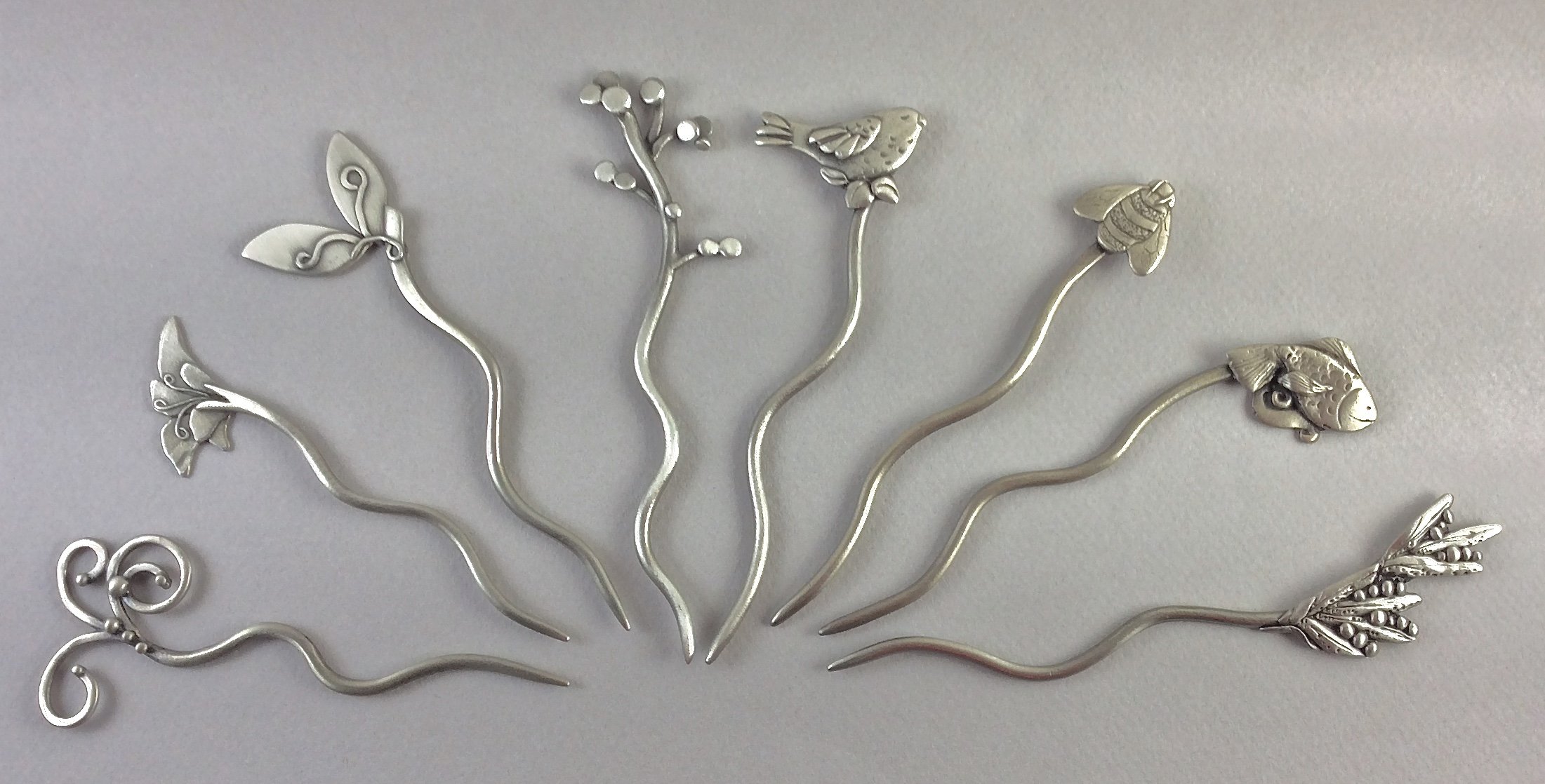 STICK PINS      curly q         flower        sprout        branch        bird       bee        fish        olive