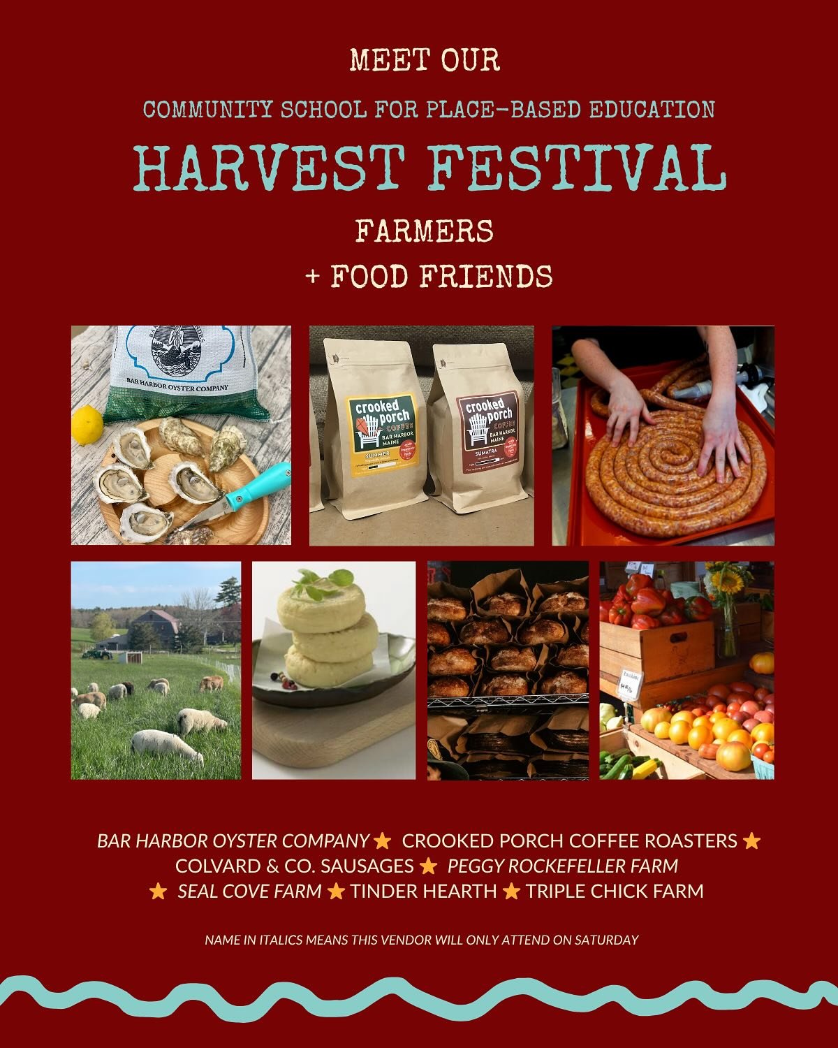 We&rsquo;re going to be feasting at our Harvest Festival this weekend thanks to these community farms and food friends! Find most of these vendors on the screened-in schoolhouse porch and coffee in the tent. 🫑🧀🌭🍞🦪🥕🍅🌽☕️