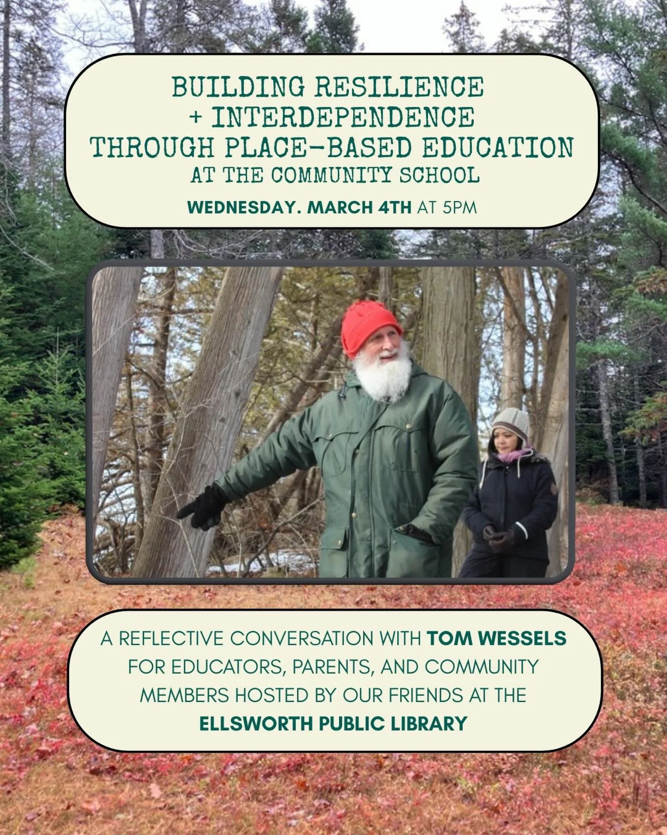 Join us TOMORROW at 5pm at @ellsworthpubliclibrary_maine for a conversation with Tom Wessels! Wessels is a local legend: a terrestrial ecologist, a professor at Antioch University New England, and a friend of the school.

Place-based education in act