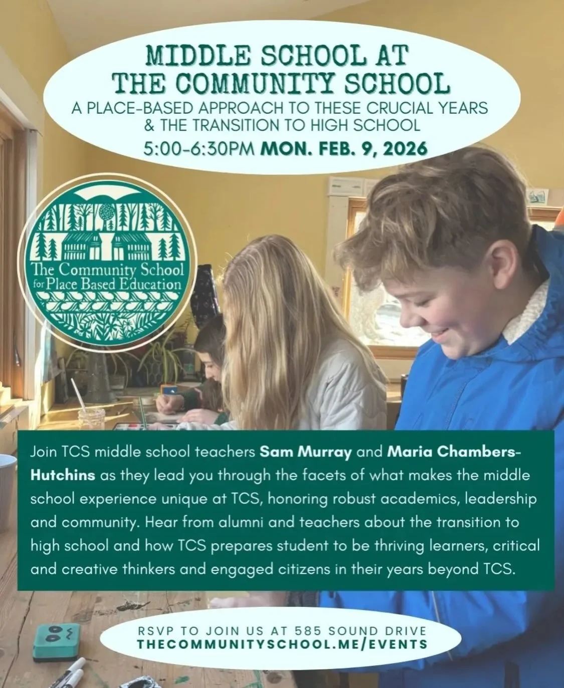 *UPDATE: the Elementary Years event will be rescheduled for a date TBD due to snow!* Curious about what comes after Forest Kindergarten at The Community School? Join us this coming Monday (2/9) and Wednesday (2/11) night to hear all about our middle 