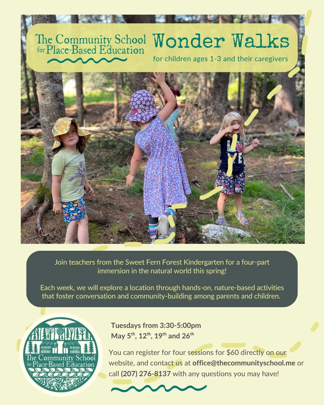 Registration for our Springtime Wonder Walk Session is now open.

This session will run on Tuesdays from 3:30pm - 5:00pm beginning May 5th and will repeat May 12th, May 19th and May 26th. 

You can easily register for this springtime session directly