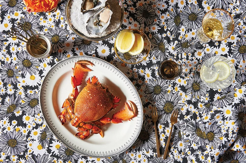 Kip&Co repeat print textile design for bedding, homewares and apparel. Illustration of overlapping daisies in a field. Black and white and yellow.