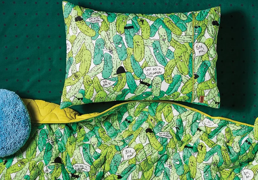 Textile design and repeat print illustration for Kip&Co of Pickle cartoon charactors. Hand drawn.