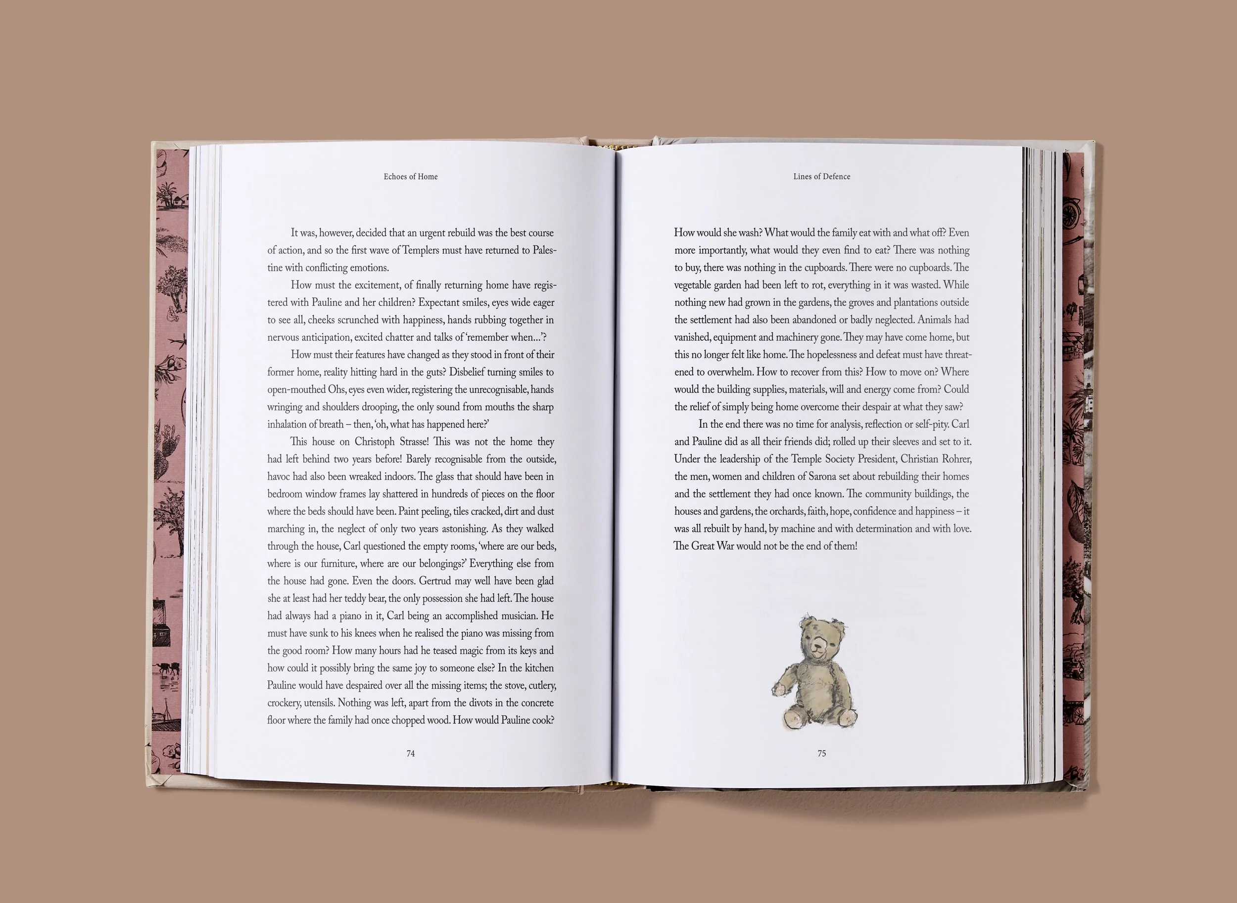 Roscher Creative publication design and illustration for Echoes of Home, layout with illustration.