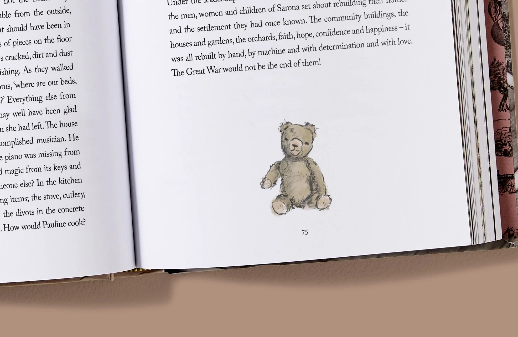 Roscher Creative publication design and illustration for Echoes of Home, cropped illustration of teddybear.