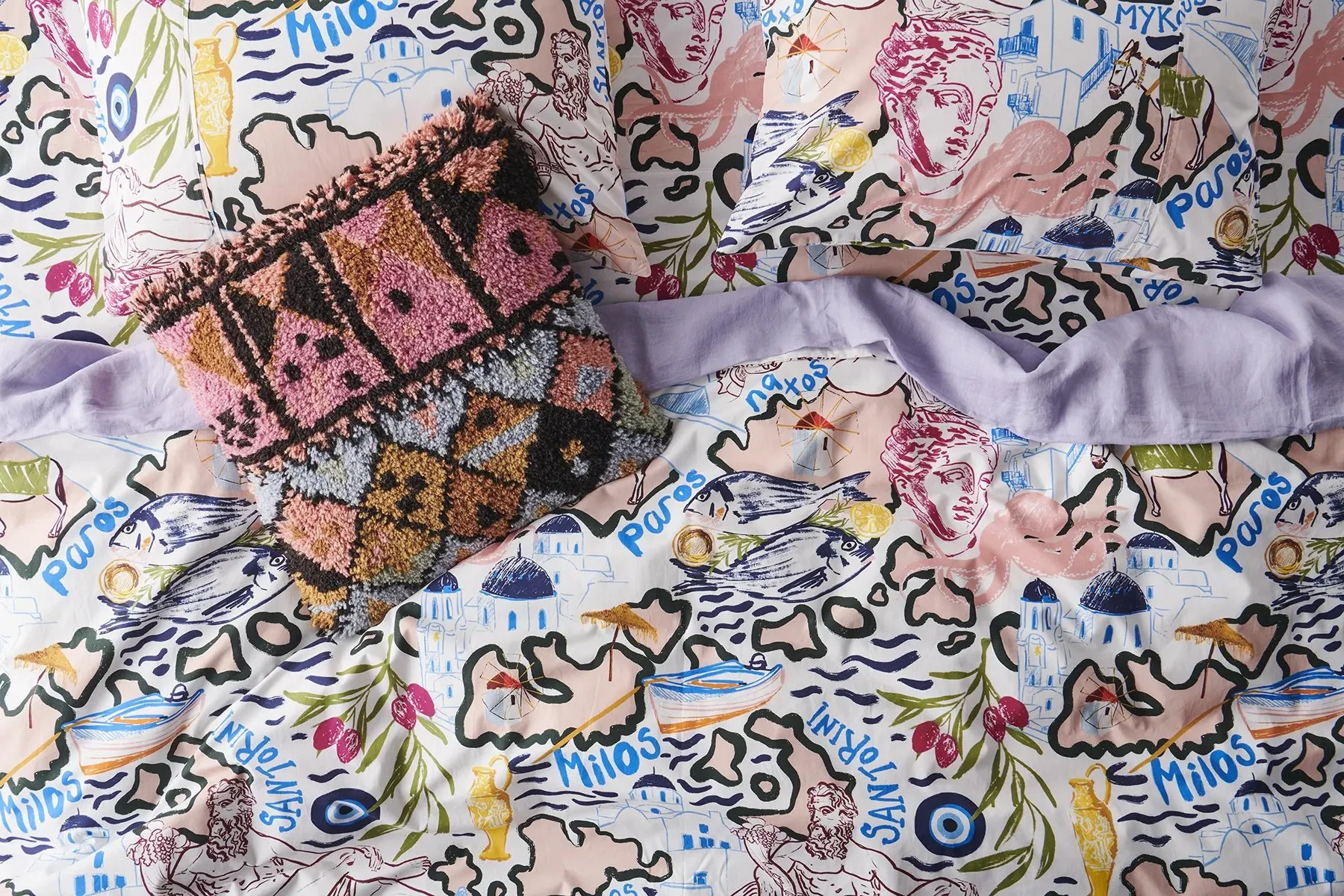 Textile design and repeat print illustration for Kip&Co of Greek Islands. Hand drawn ink. Colourful bed linen print.