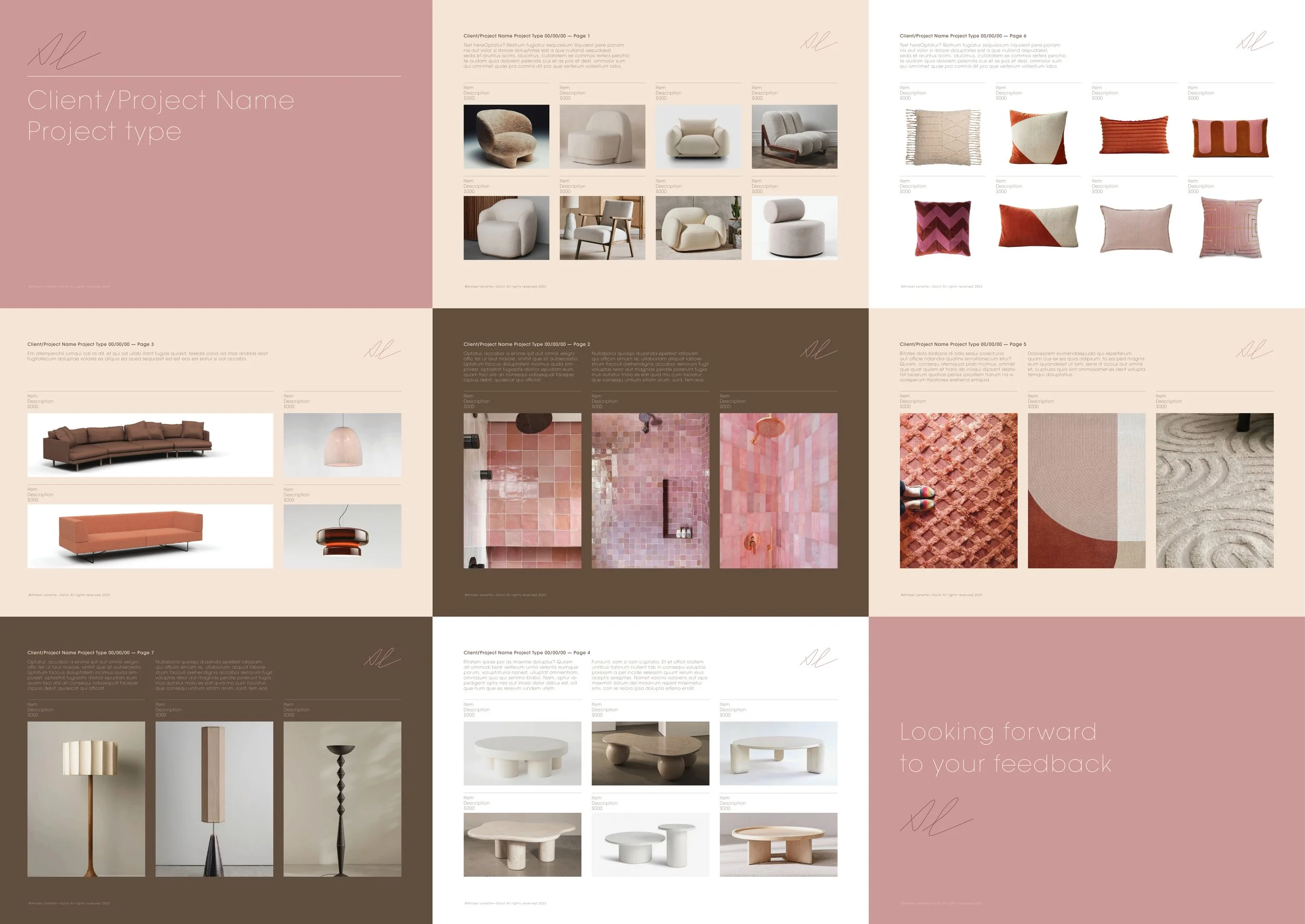 Roscher Creative branding design for Amber Lenette Stylist. Client presentation deck template design.