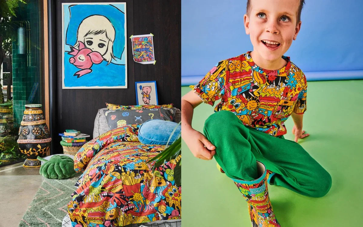Textile design and repeat print illustration for Kip&Co of junk food cartoon characters. Bright and comic. Children's bed linen and apparel design. Bedding, T-shirt and gumboots.