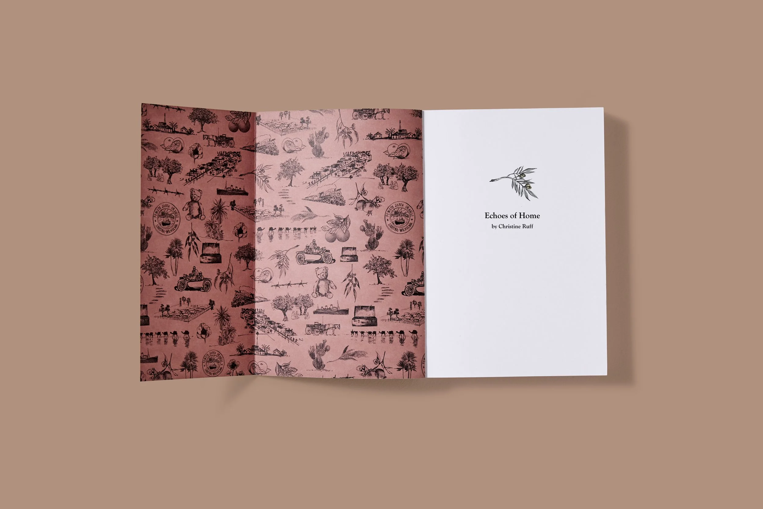 Roscher Creative publication and illustration design for Echoes of Home gate fold cover for paper back.