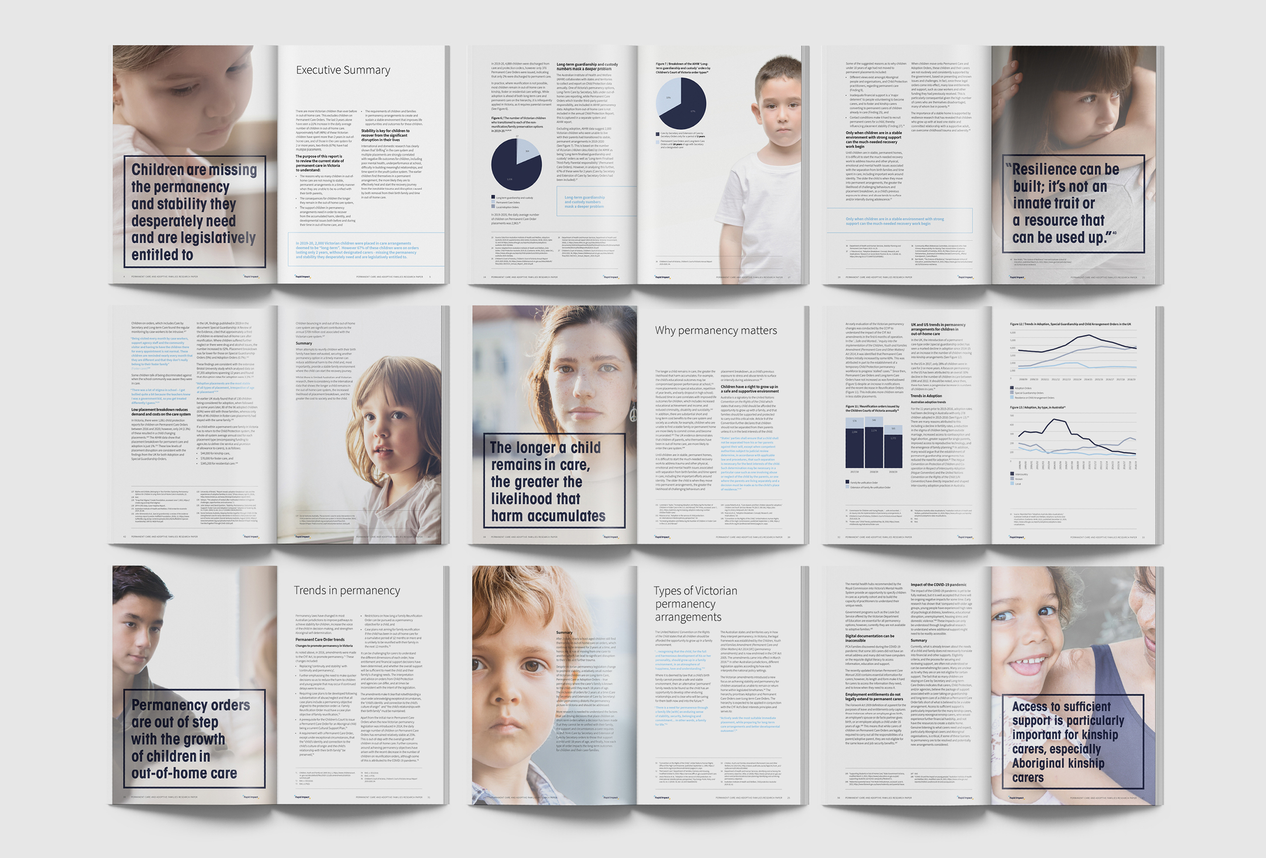 Permanent Care and Adoptive Families research report layout design.