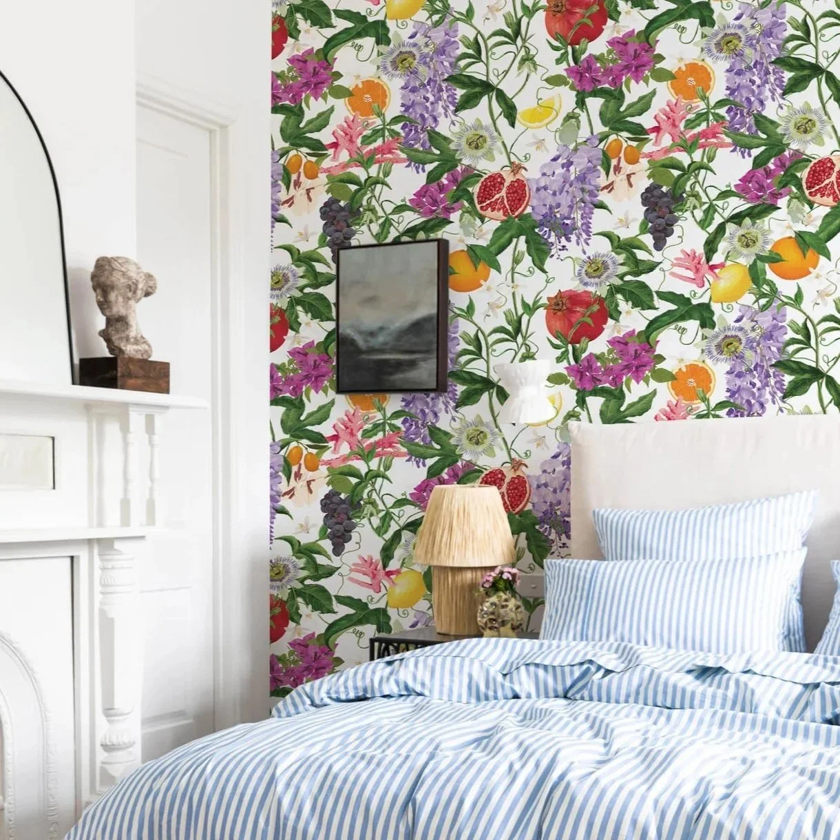 Kip&Co repeat print textile design for bedding, homewares and apparel. Wall paper design for repeat print of flowers and fruit on a climbing vine. Includes pomegranate, wisteria, passionfruit flowers, oranges, lemons, bougainvillea.  
