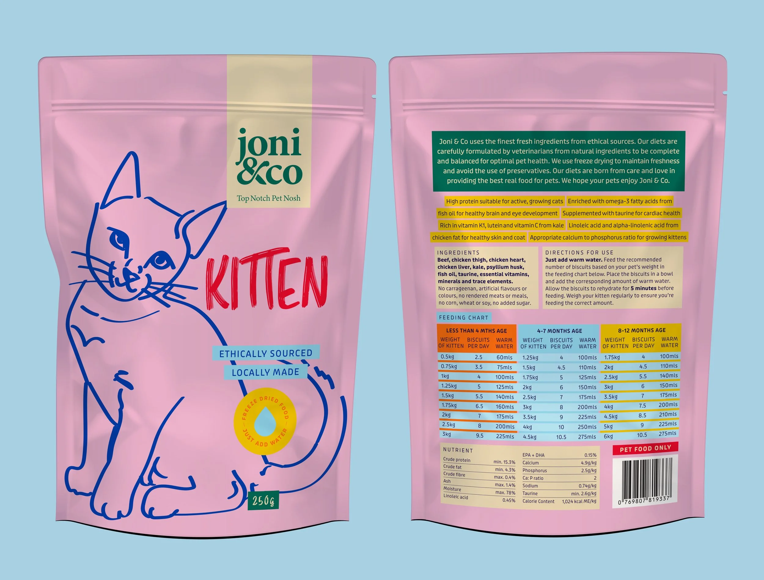 Front and back packaging design for kitten pet food designed by Roscher Creative for Joni and Co.