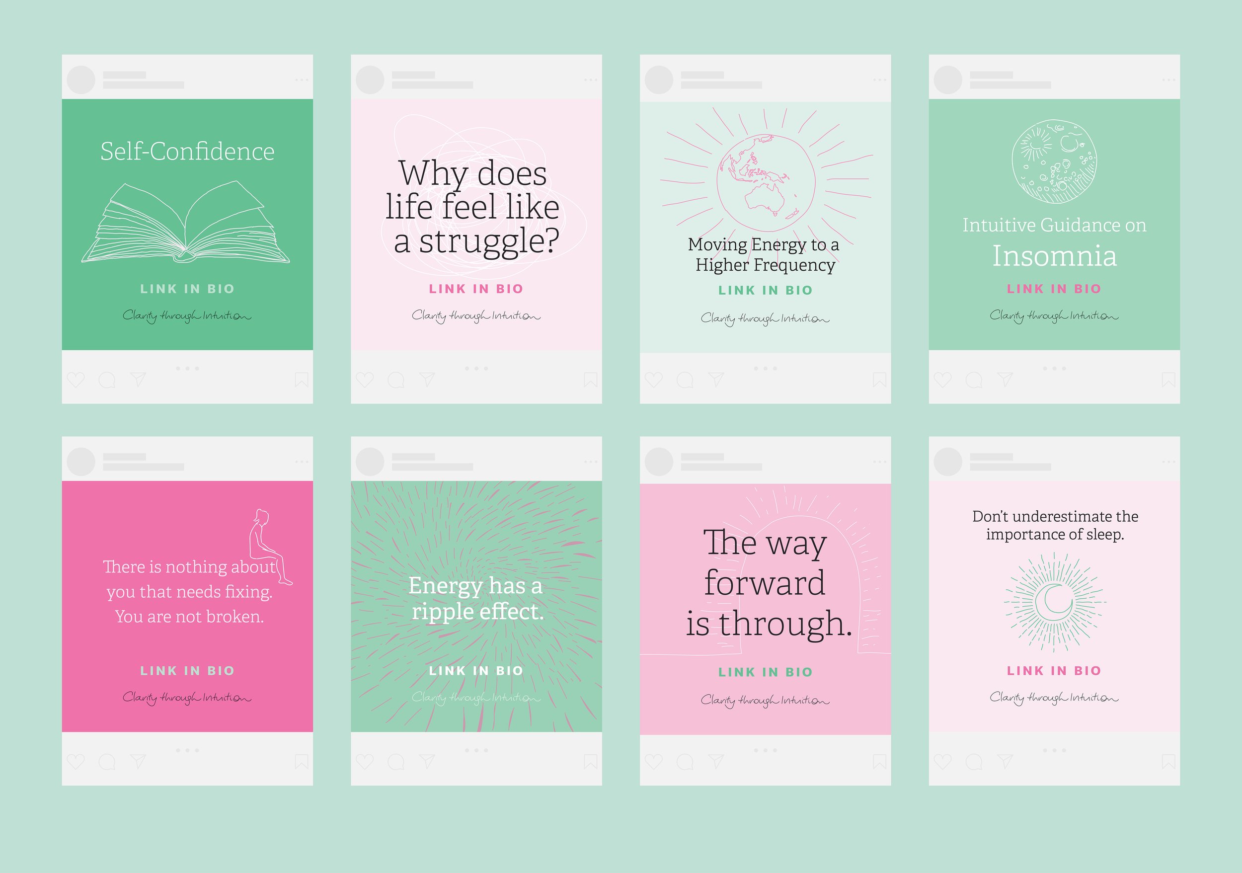 Clarity Through Intuition branding social media posts. Hand drawn illustrations.