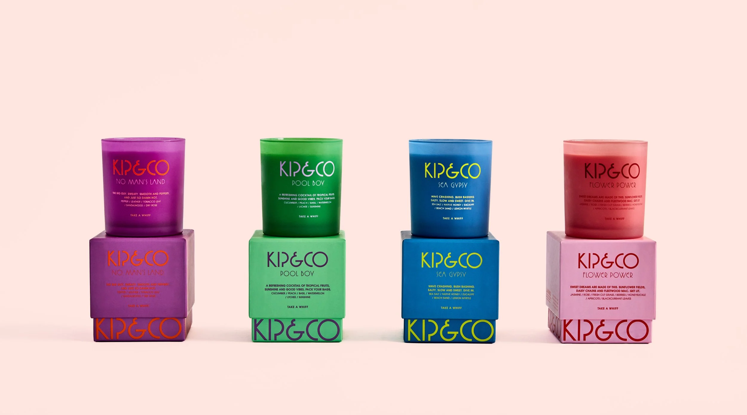 Packaging design for frosted glass scented candles for Kip&Co. Candles sit on top of brightly coloured, typographic designed boxes.