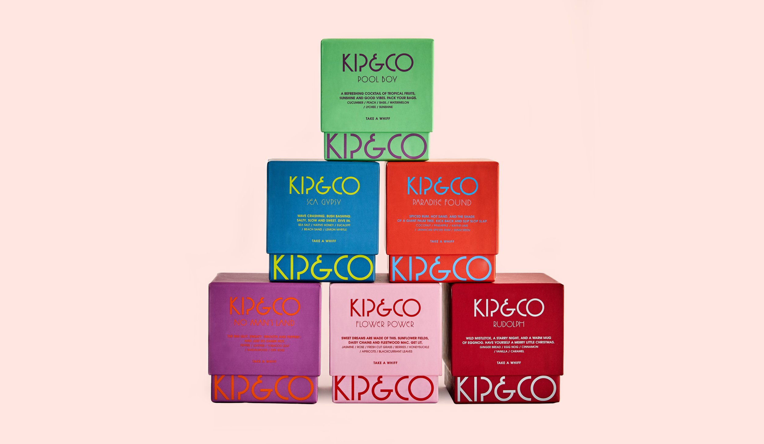Packaging design for Kip&Co scented candles. Brightly designed with strong typography.