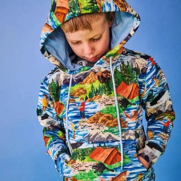 Kip&Co repeat print textile design for bedding, homewares and apparel. Rocky Mountain hand drawn with pencil design. Illustration of children fishing in a river, with tent, fish, bears, eagles and Rocky Mountain landscape.