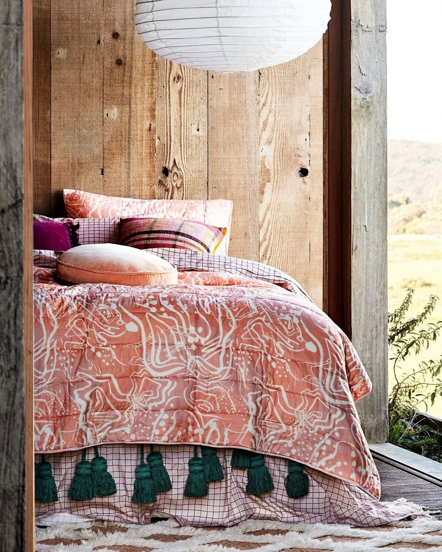 Kip&Co repeat print textile design for bedding, homewares and apparel. Ink hand drawn illustration of topographical landscape from birds eye view, creating textural, illustrative marks.