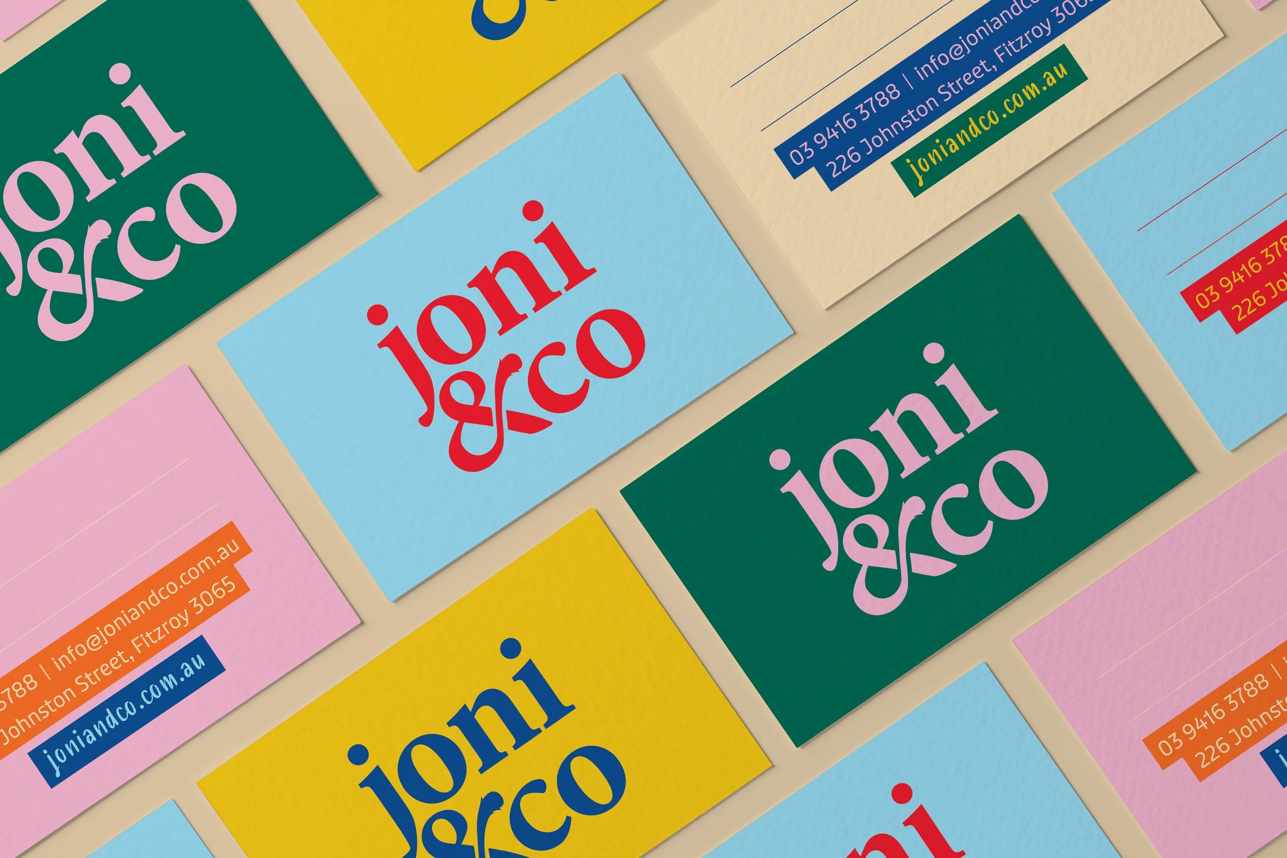 Roscher Creative colourful business card design for Joni&Co pet food brand.