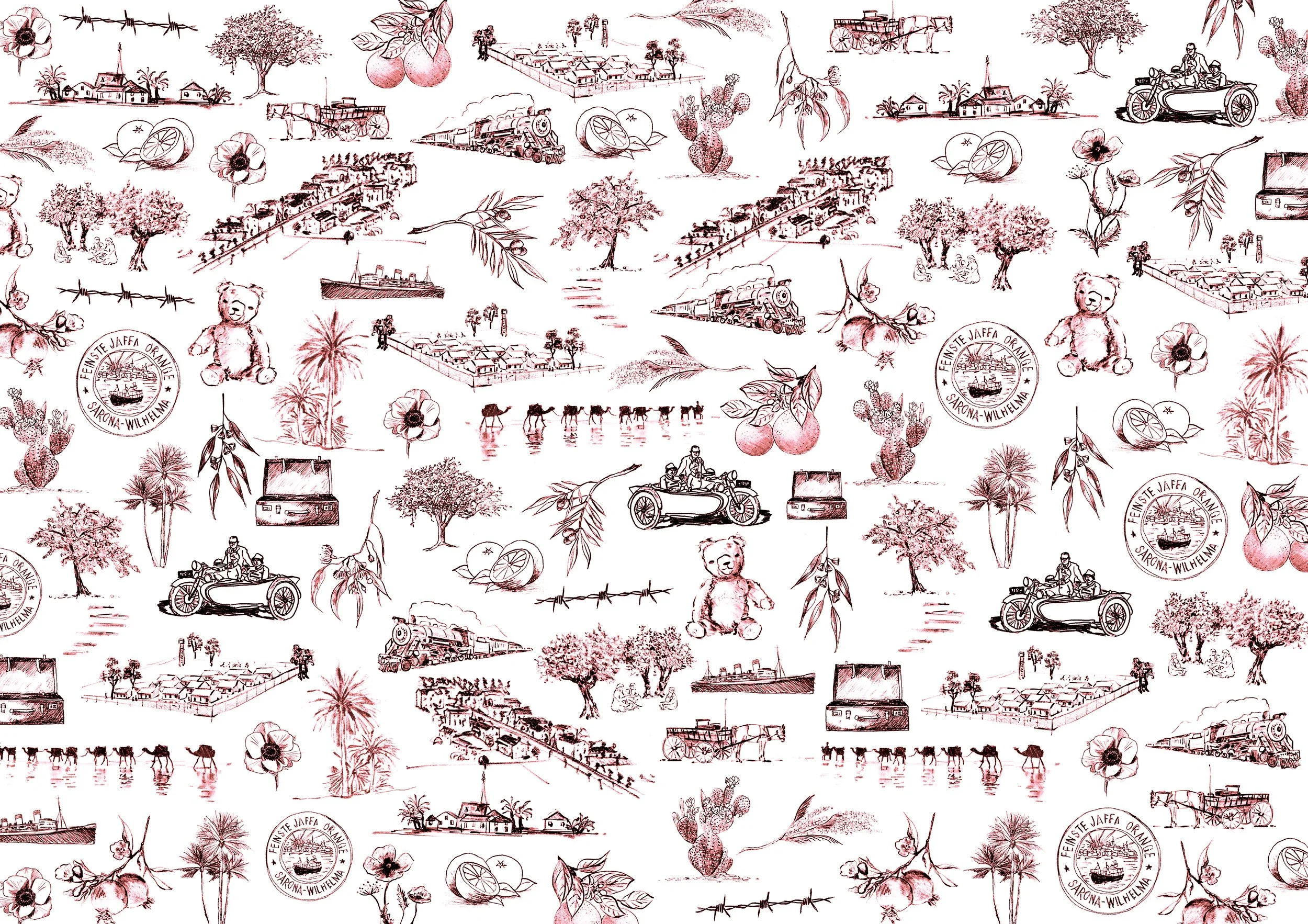 Roscher Creative illustration for Echoes of Home depicting horse and cart, vintage motorbike, olive grove, Australian native flora, suitcase, teddybear, ship, oranges, poppies, barbed wire, steam train, apple tree, prickly pear cactus, camels, palm t