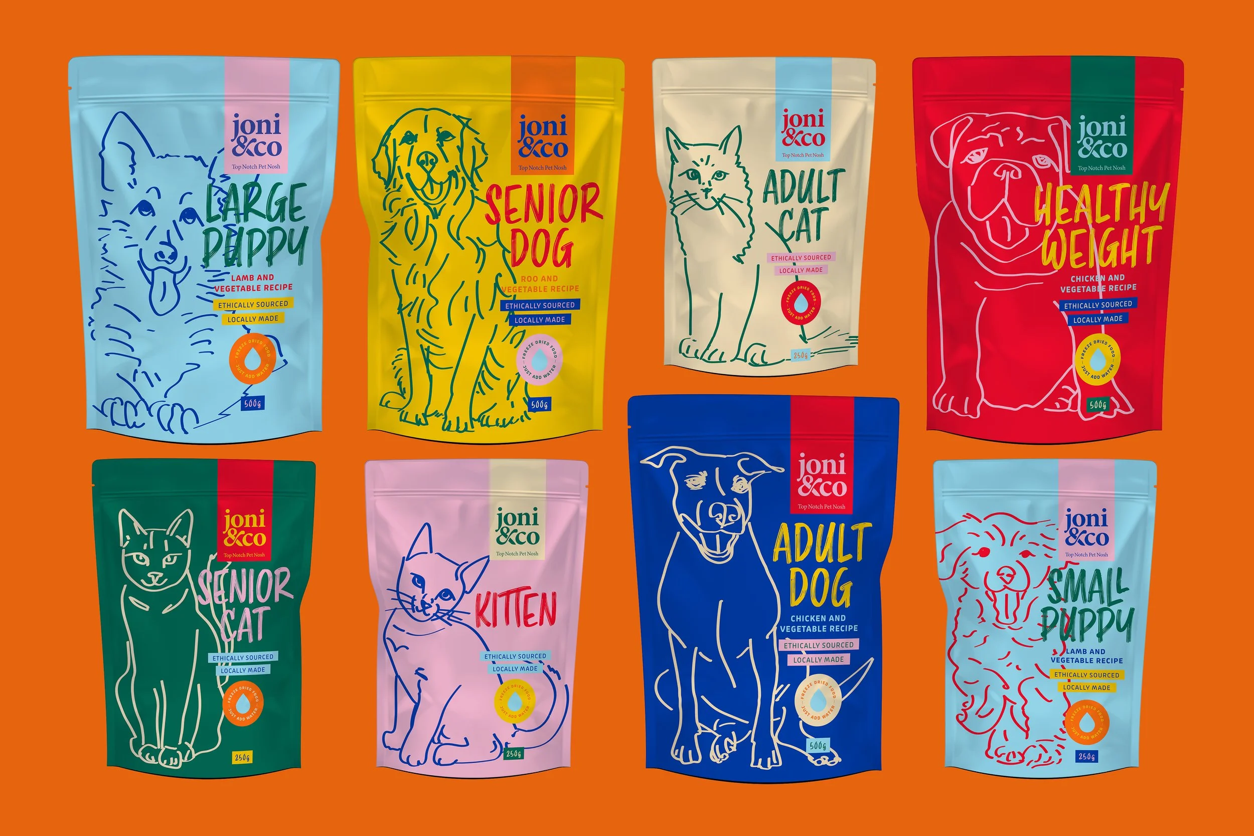 Roscher Creative illustration and packaging design for Joni&Co pet food brand.