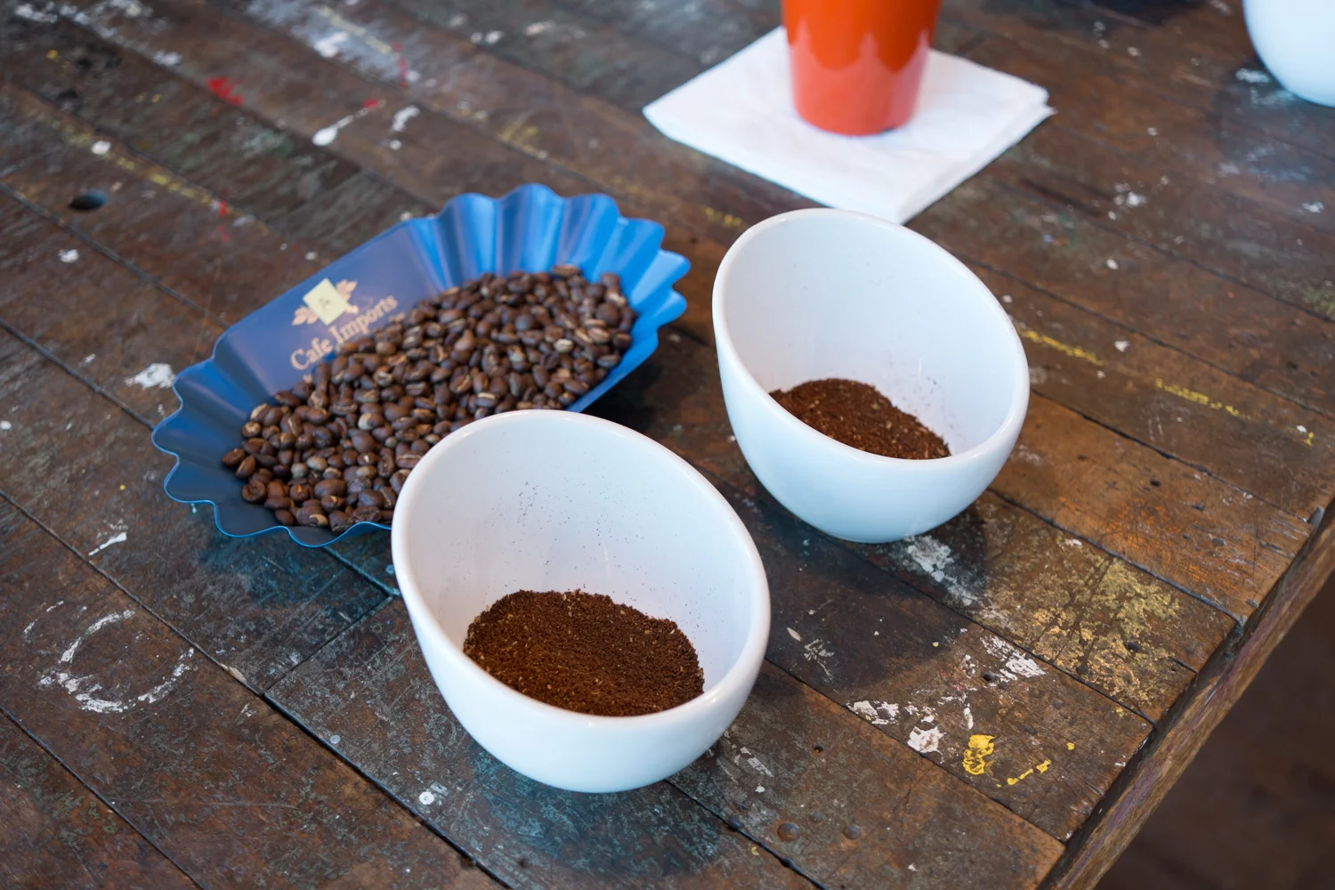 First the coffees to be cupped were ground, and placed out blindly.