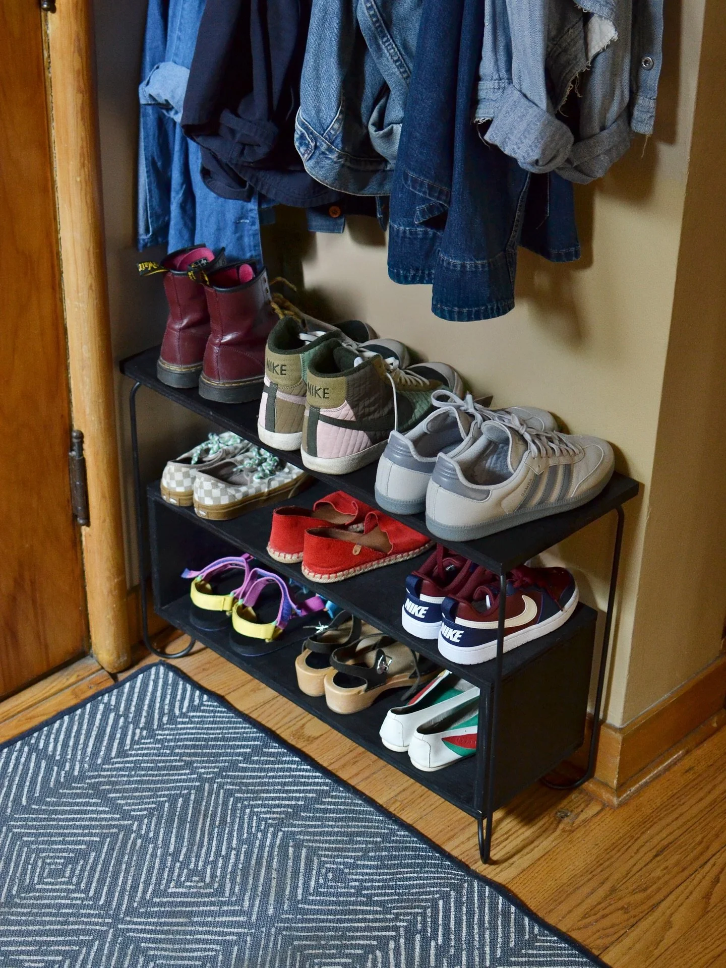 Make the pieces you want that fit the way you need. A DIY shoe rack made with Mezzanine J-legs.