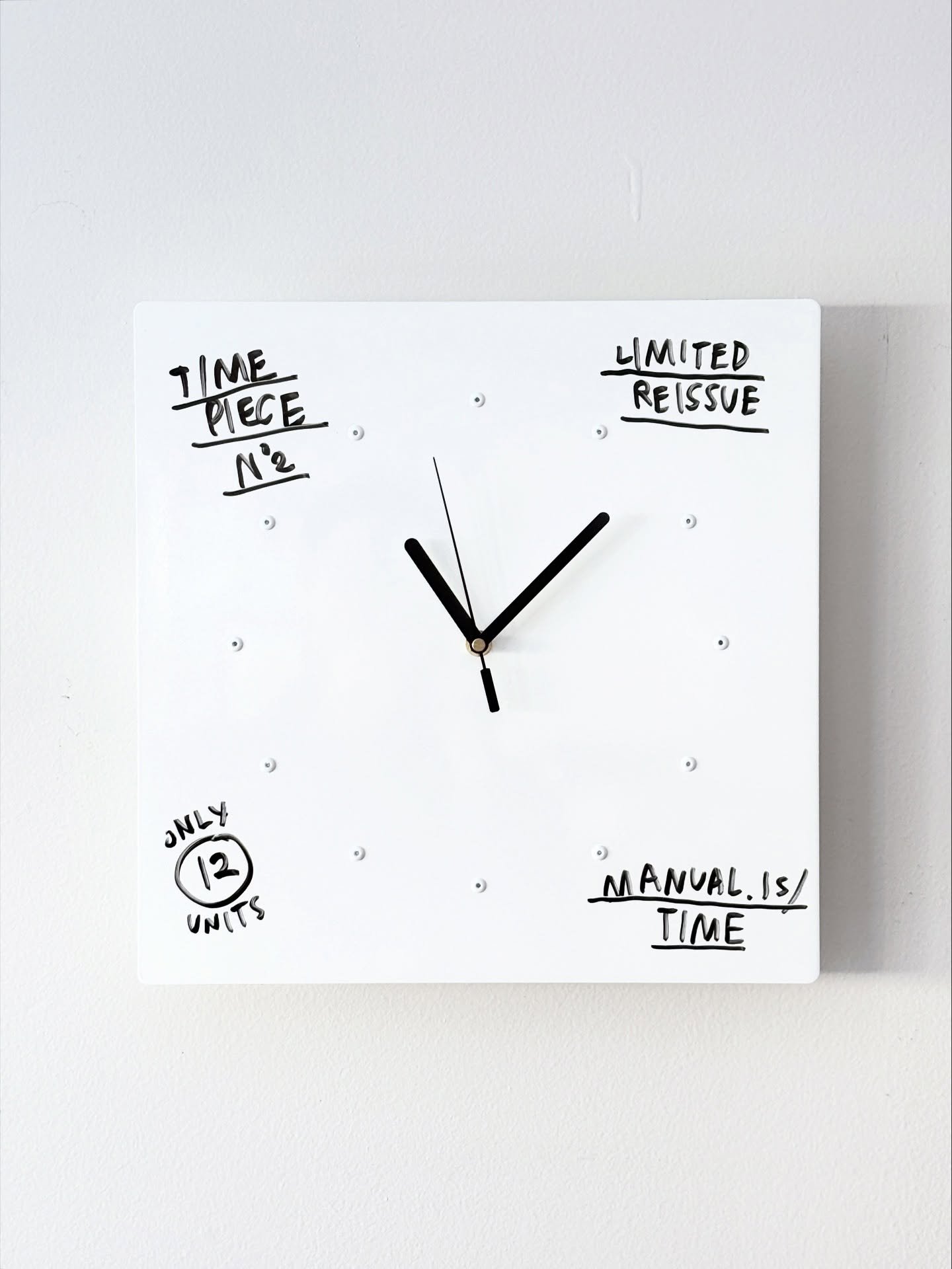 REISSUED: Timepiece N&deg;2

Timepiece N&ordm;2 represents time as a blank canvas&mdash;a constrained space in which to leave a mark (or leave none at all.) 

The powder coat finish allows you to make your own marks on the surface with dry erase mark