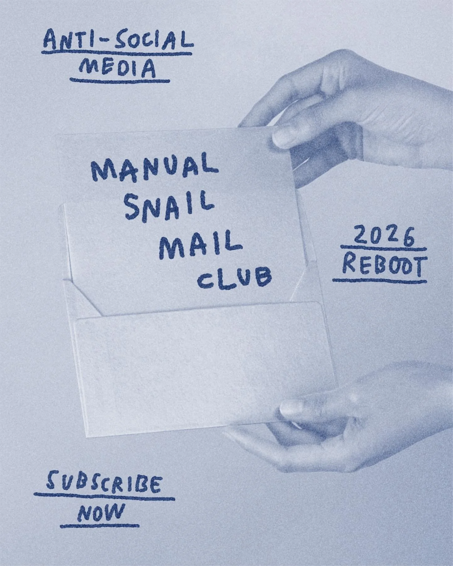 The @m_a_n_u_a_l Snail Mail Club is an experiment in anti-social media. 

&ldquo;Manual&rdquo; means doing things by hand, but it&rsquo;s also a reference to user manuals &mdash; booklets that explain how products are operated and maintained. Inspire
