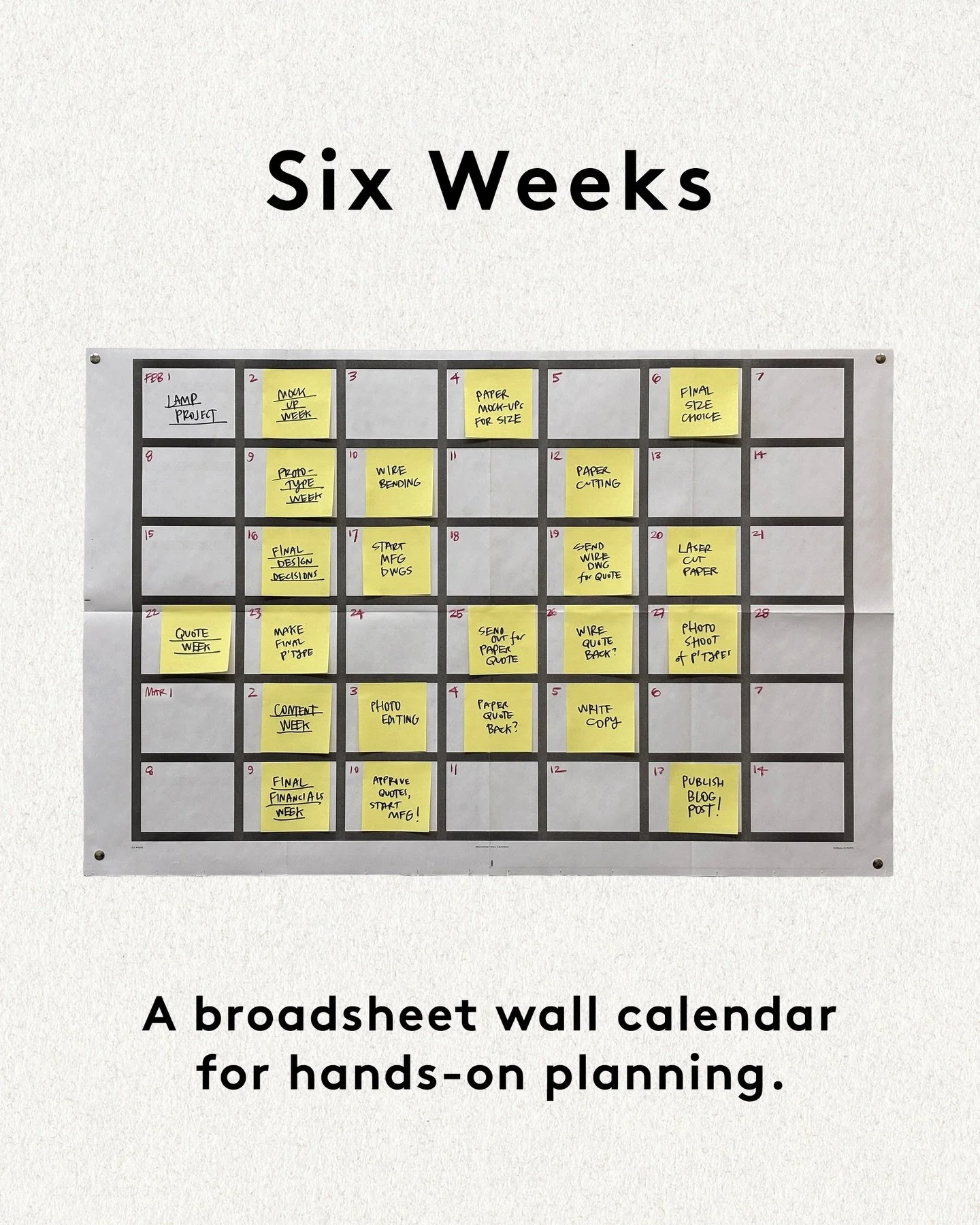 🆕 Six Weeks Poster

🗓️ A broadsheet wall calendar for hands-on planning.

📬 Snail Mail Club members get one in their first mailing, headed out this week. 

🔗 Link in bio to learn more.