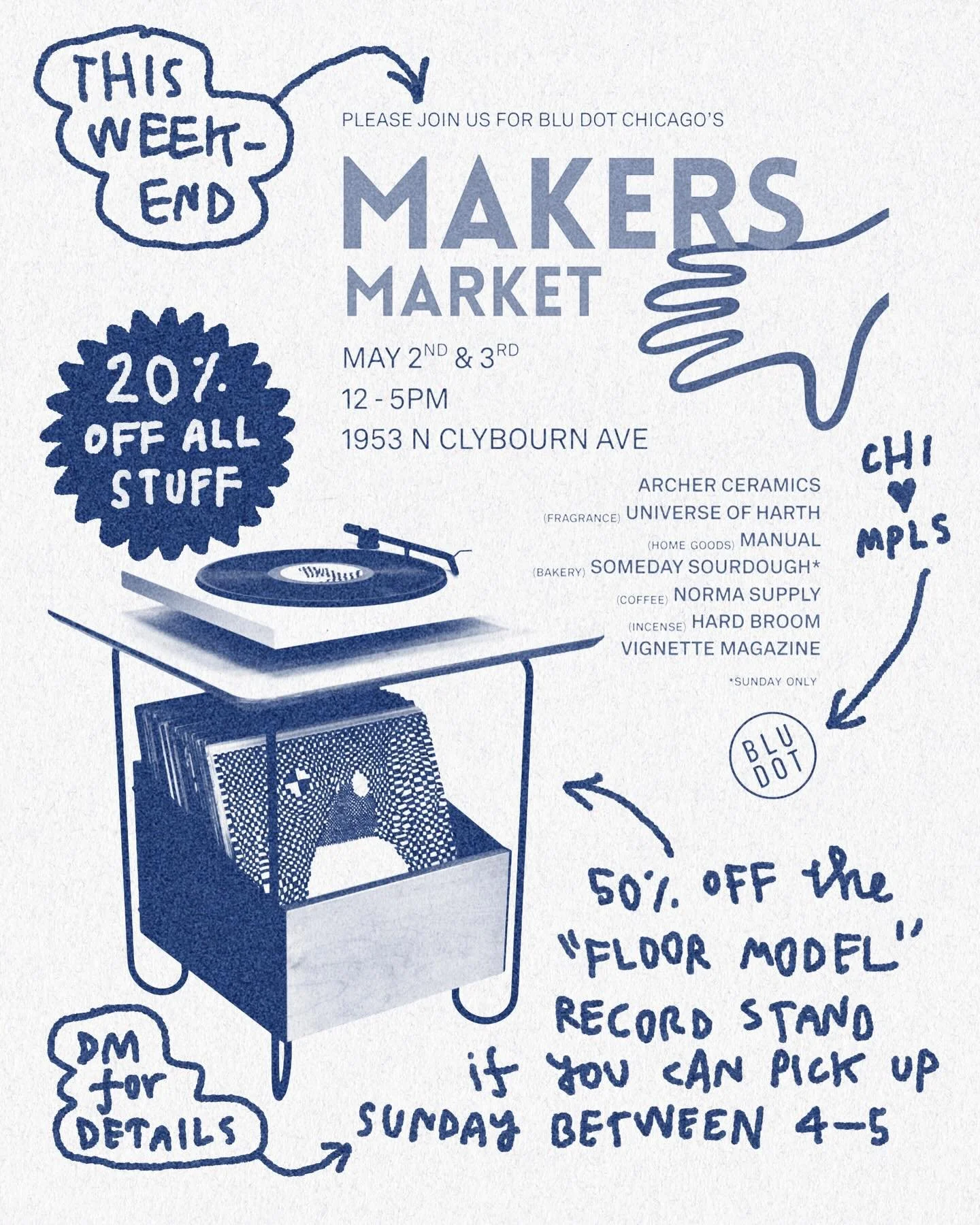 THIS WEEKEND! The Chicago Makers Market at @bludot on Sat and Sun 12-5

Menu of what I&rsquo;ll bring, all 20% off:
- All timepieces (likely only 1-2 of each)
- Utility plates 
- Tea Makers
- Bottle openers
- Calendar Posters
- Book of Bookmarks 
- T