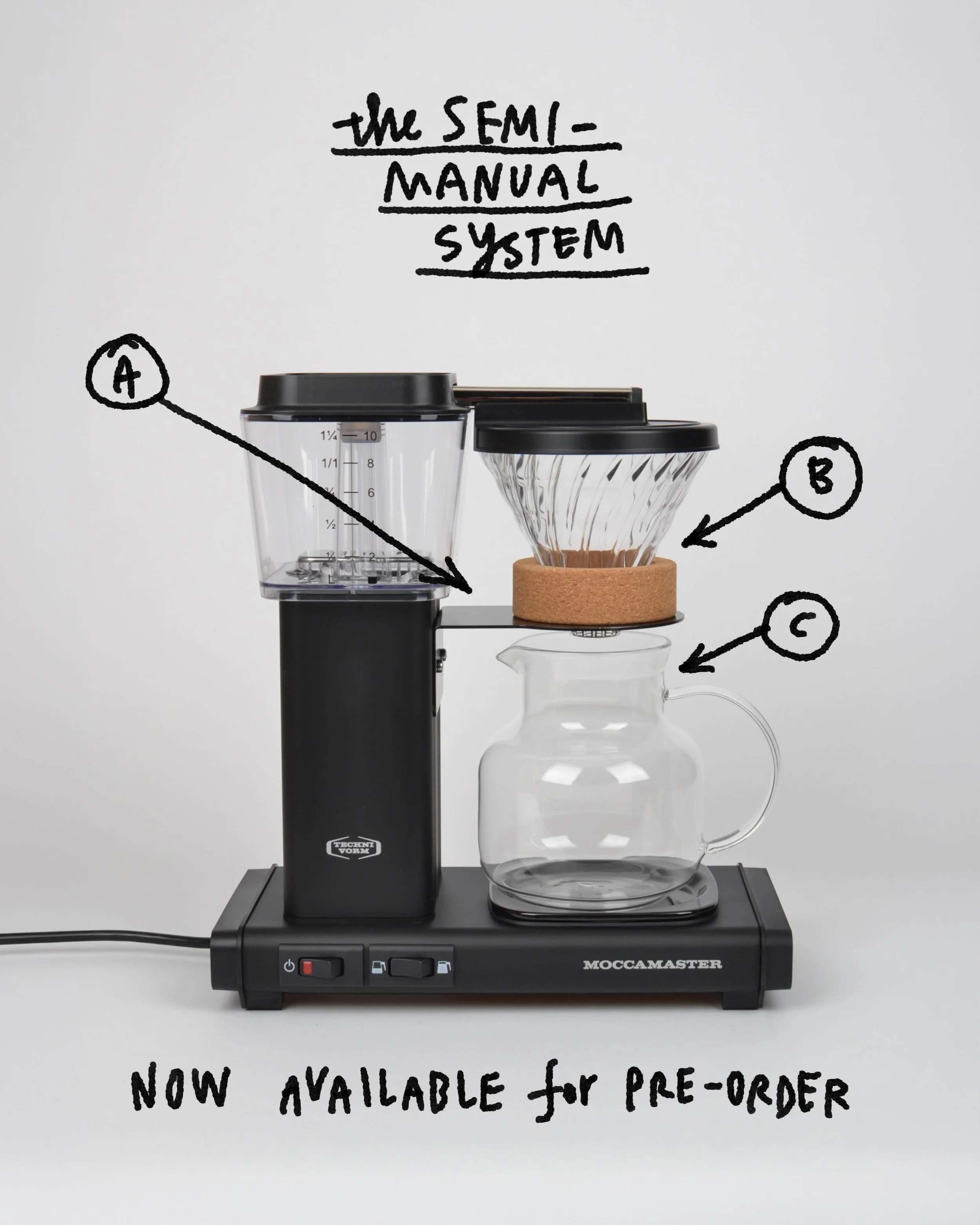 The Semi-Manual System is now available for pre-order!

A complete system for upgrading a Moccamaster to eliminate brewing plastics and increase coffee control.

A. The Bracket - a powder-coated bent steel bracket that allows you to use a wide array 