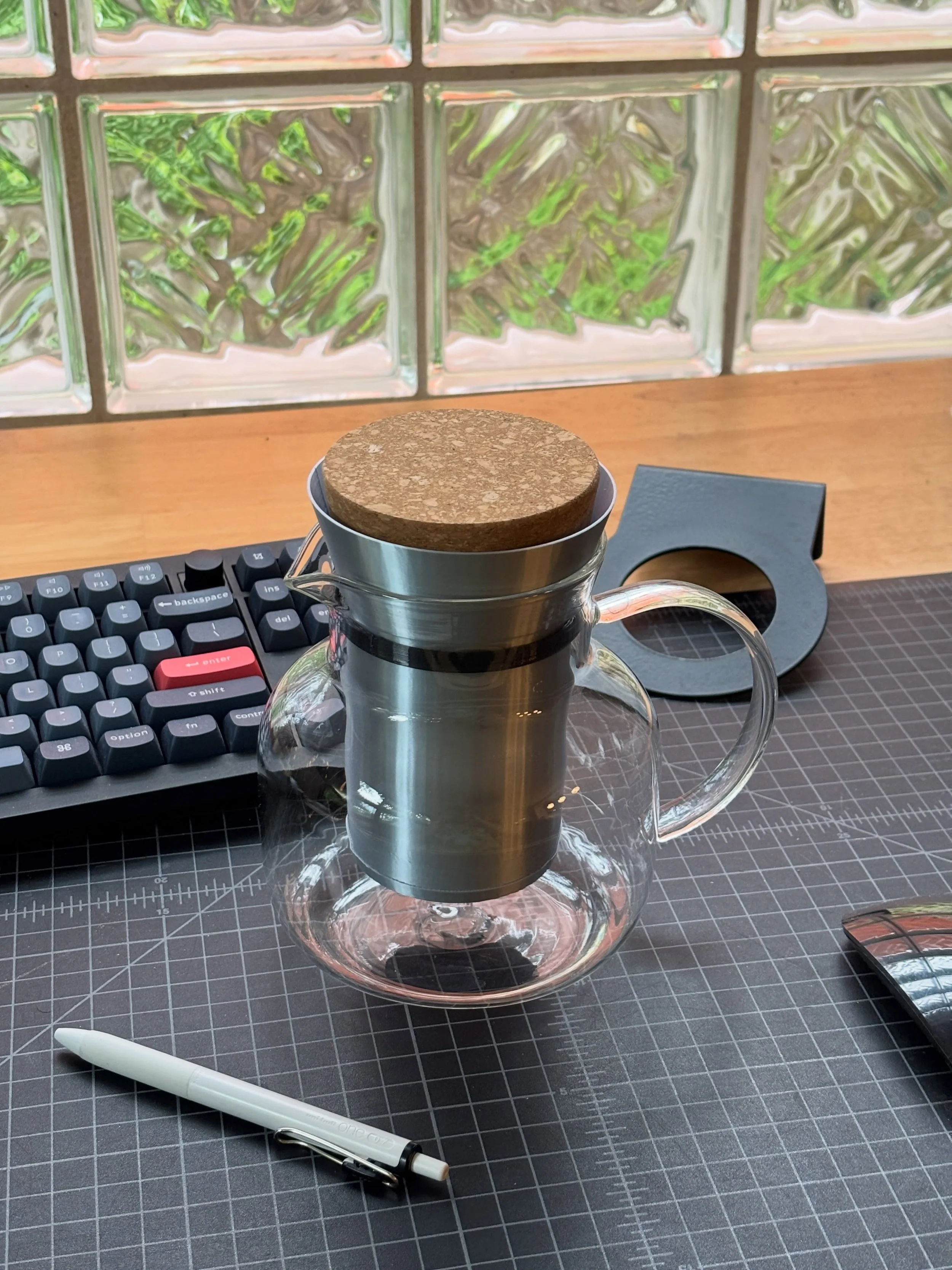 First prototype: Slow System Cold Brewer

This is just a 3D print, but imagine a stainless steel insert with laser etched perforations for brewing cold brew coffee or teas. Simply slide into the carafe, add the tea or coffee, fill with water, stir, c