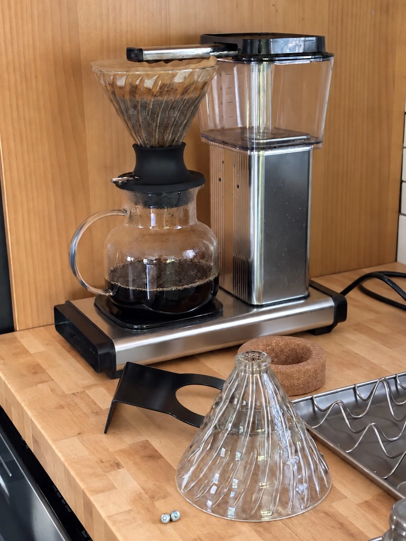 Experiments with the Hario Switch and the Moccamaster. This Semi-Manual hack doesn&rsquo;t need the bracket (it also doesn&rsquo;t have clearance for it) but if I were to commercialize this, I&rsquo;d want to develop a little cover for the holes on t