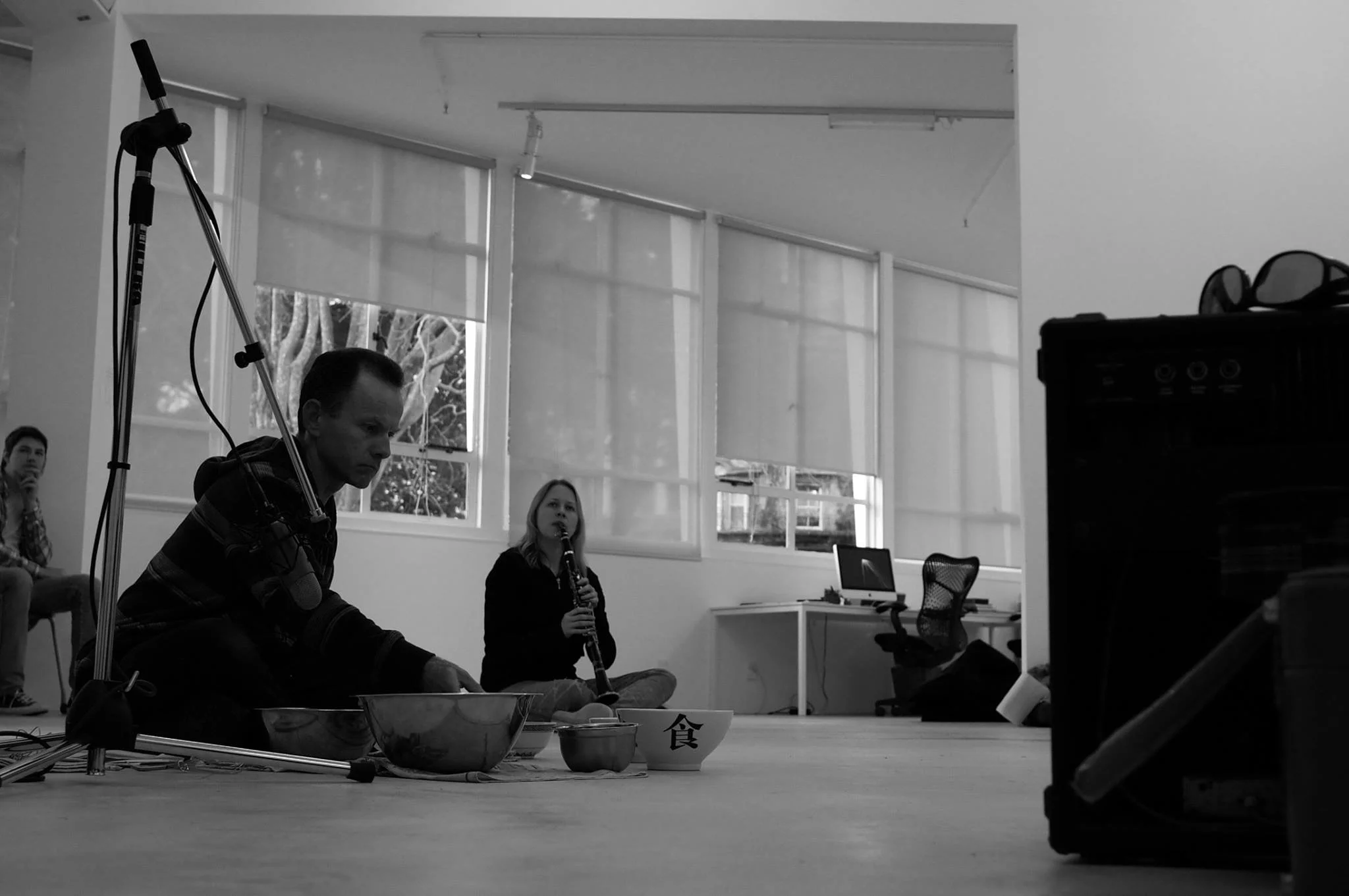 Participating in Phil Dadson's February Music at Auckland's Trish Clark Gallery, September 2015, with Peter Willis (bowls). Photo credit: Adrian Croucher.