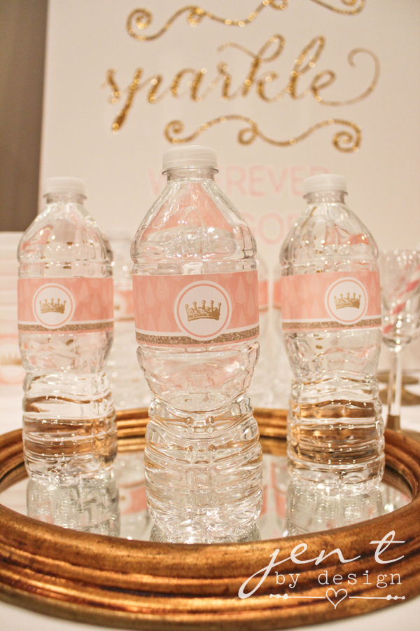 Pink and Gold Tiara Water Bottle Labels — Jen T. by Design