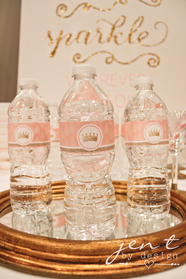 Pink and green water bottle labels