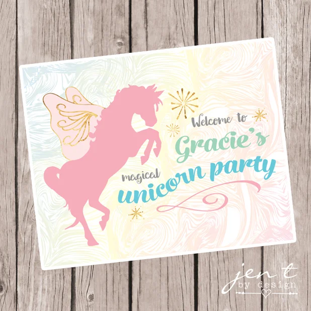 unicorn birthday party printable collection includes custom invitations and personalized party sign jen t by design