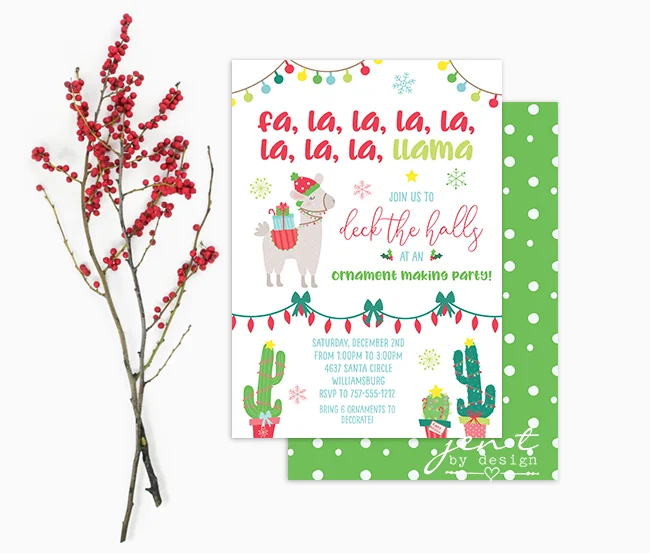 Kids Ornament Decorating Party Invitations - Llama Deck the Halls - JenTbyDesign