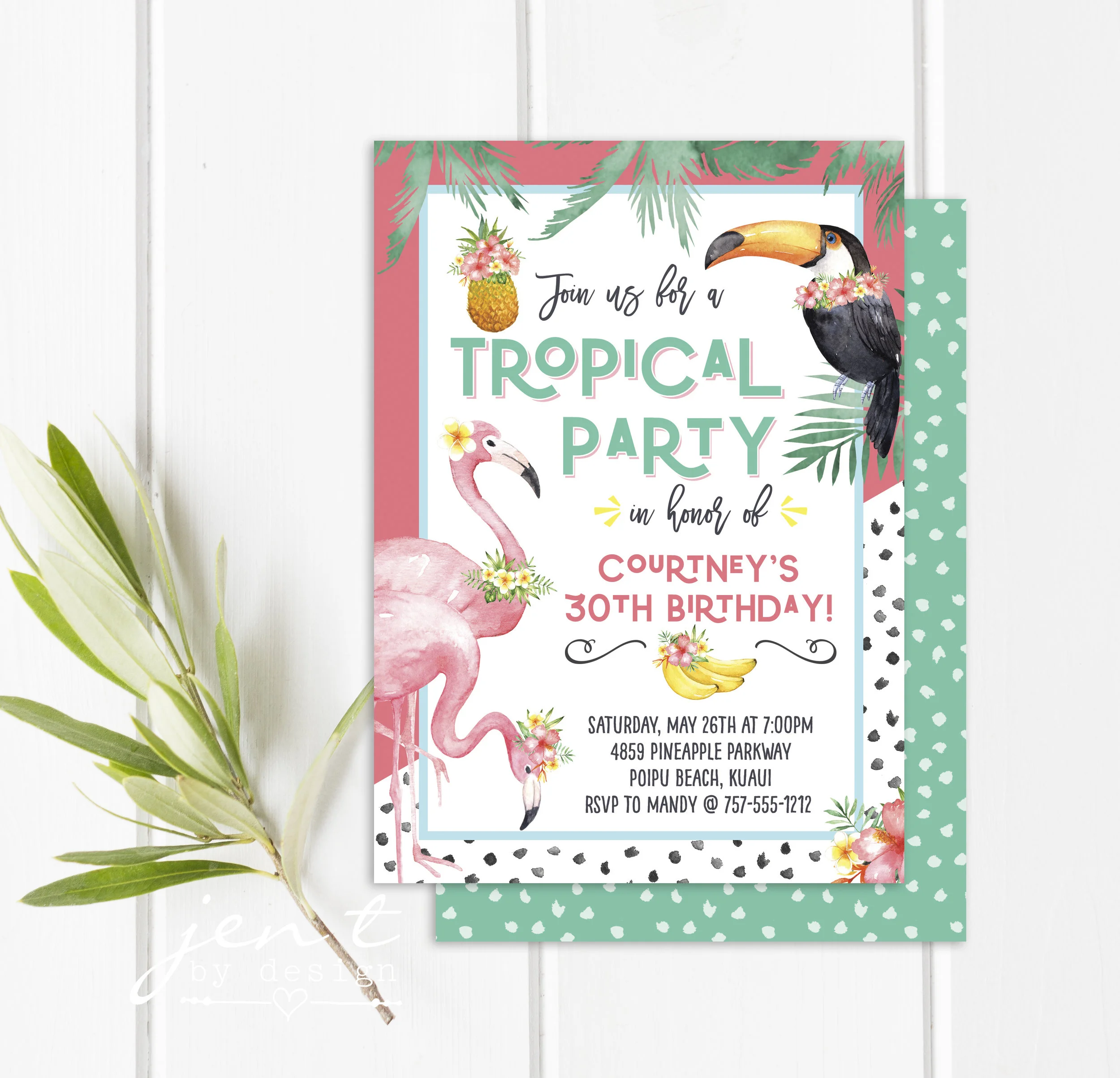 Tropical Party Invitations - Toucan, Flamingo, Pineapple