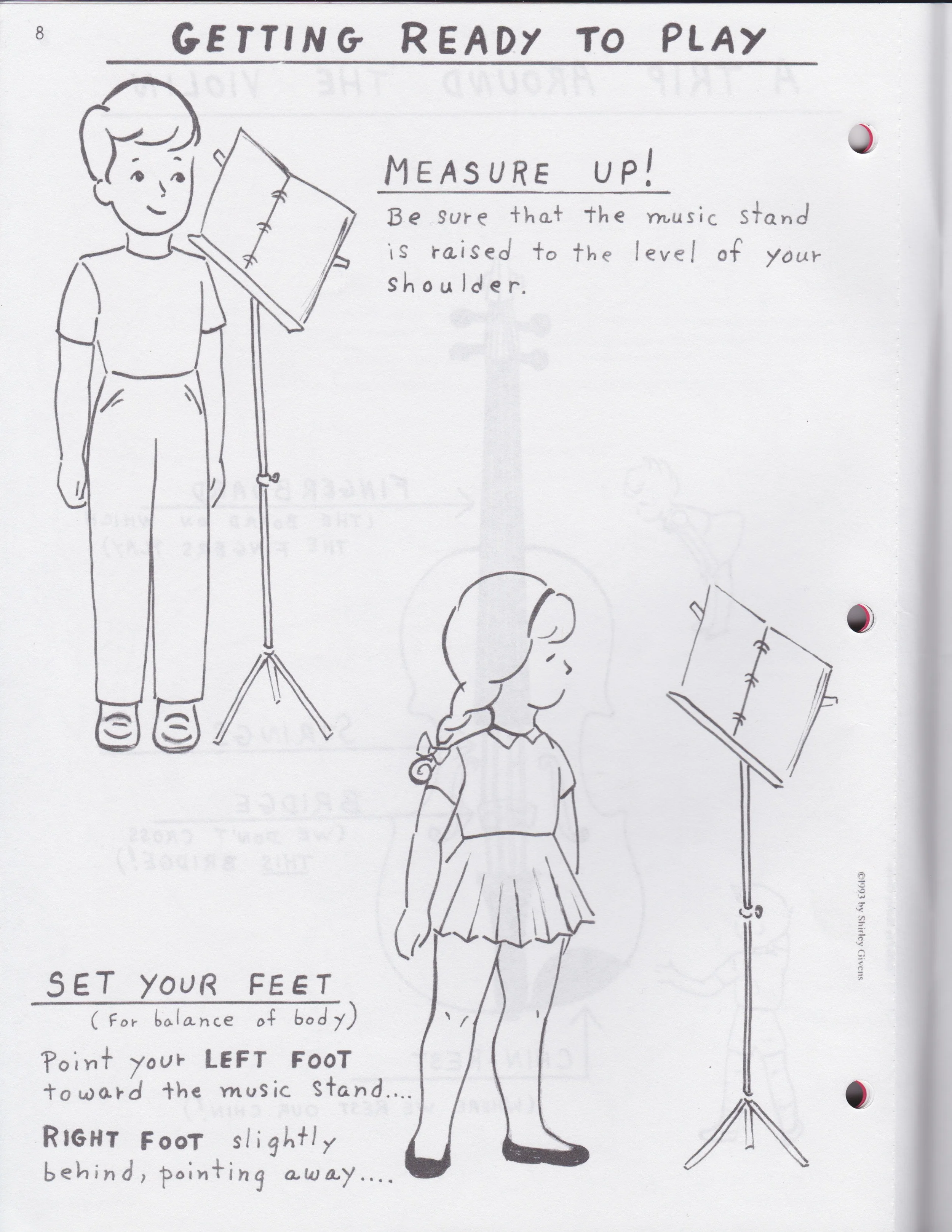 This adorable image is from Shirley Givens' violin series, showing that left foot turnout. In addition, the illustrated girl puts much more weight on her left foot, enhancing the asymmetry of the stance.