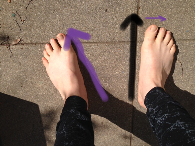 If I don't think about how I stand, this is what happens. My right leg is basically pointing forward and my left leg/foot turns out. You can also see that one's toes don't necessarily point forward-they may deviate to the side, so "toes point forward" is not the most accurate of cues.