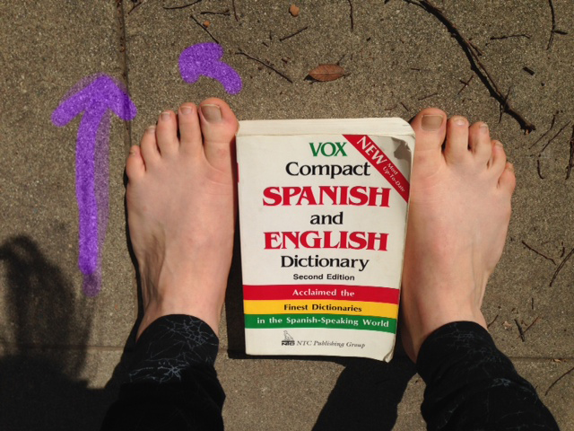 Here, my heels separate slightly from the book, the front and insides of my feet contact the book, and the outsides of my feet are pretty close to parallel. This is my optimal stance. (I also could use a pedicure.) Can you see how my left big toe deviates slightly to the left?