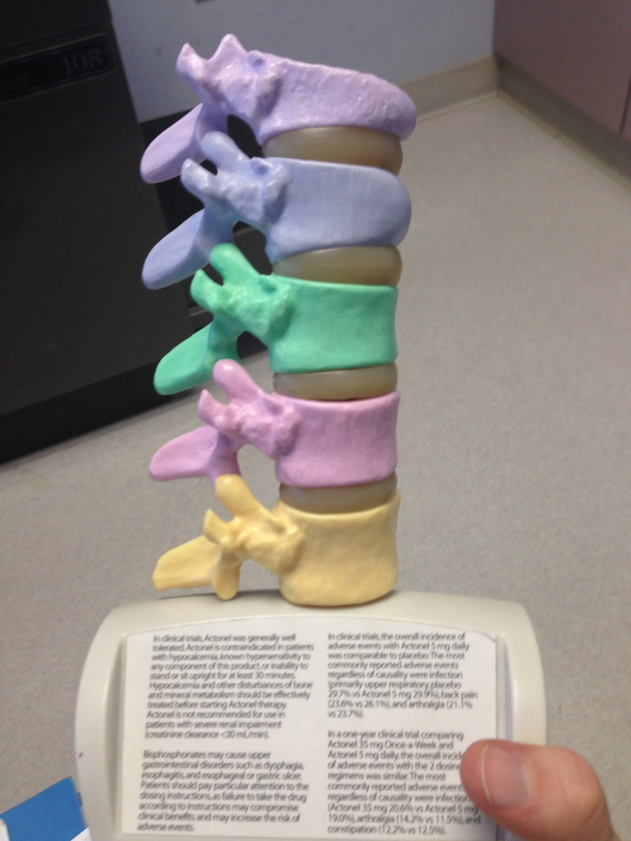 This image is a bit more difficult to process, but do you see the shape of the vertebrae is actually different? The top four vertebrae are all compressed, whereas the healthy bone on the bottom is normal shaped and the disc isn't compressed either. The top two vertebrae are fractures (anterior wedge and compression) and green is osteoporotic and pink is osteopenic.
