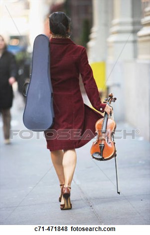 The great thing about stock photos is that they're ridiculous. Who walks down the street in heels carrying their case on one shoulder and violin in the other arm? No one. But her left levator scap is working to keep that case up there!